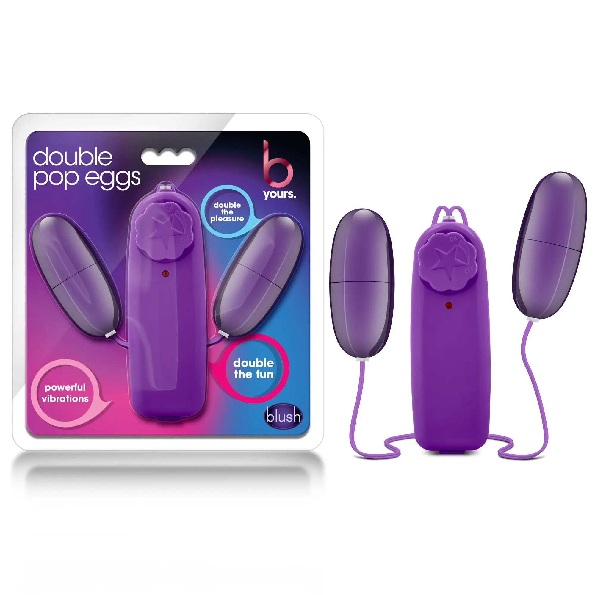 B yours double pop eggs plum vibrator set with purple double egg-shaped heads and star-patterned control button