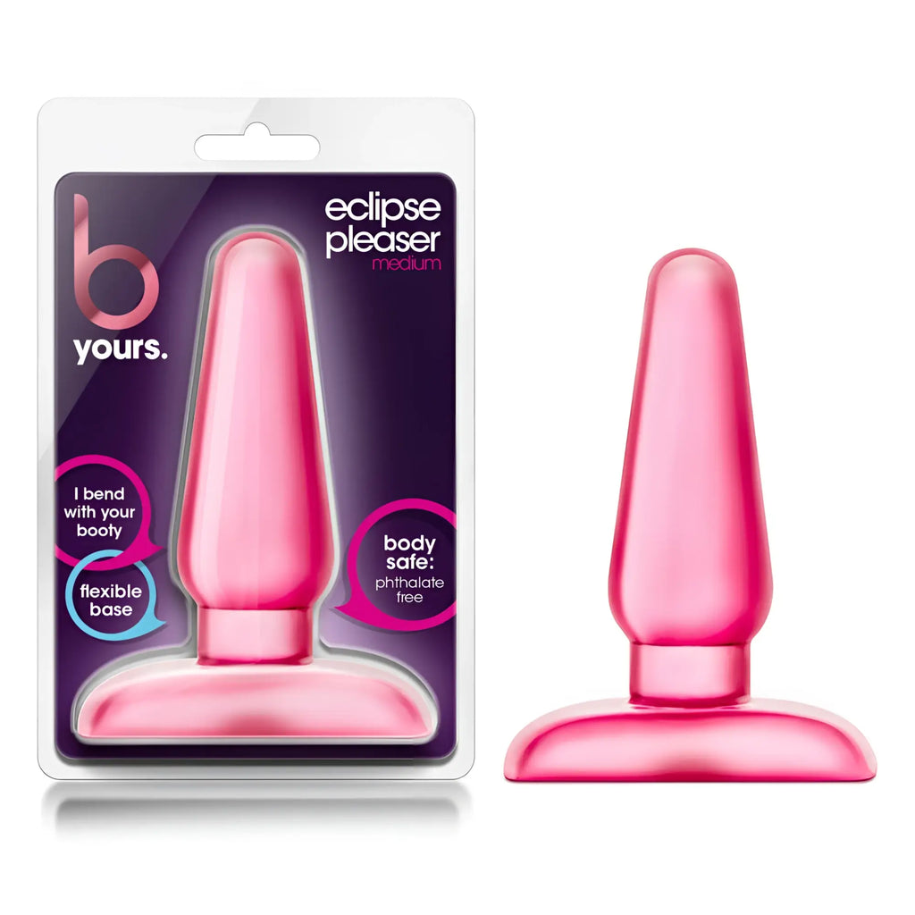 B yours eclipse anal pleaser medium pink flexible silicone butt plug shown in packaging and separately