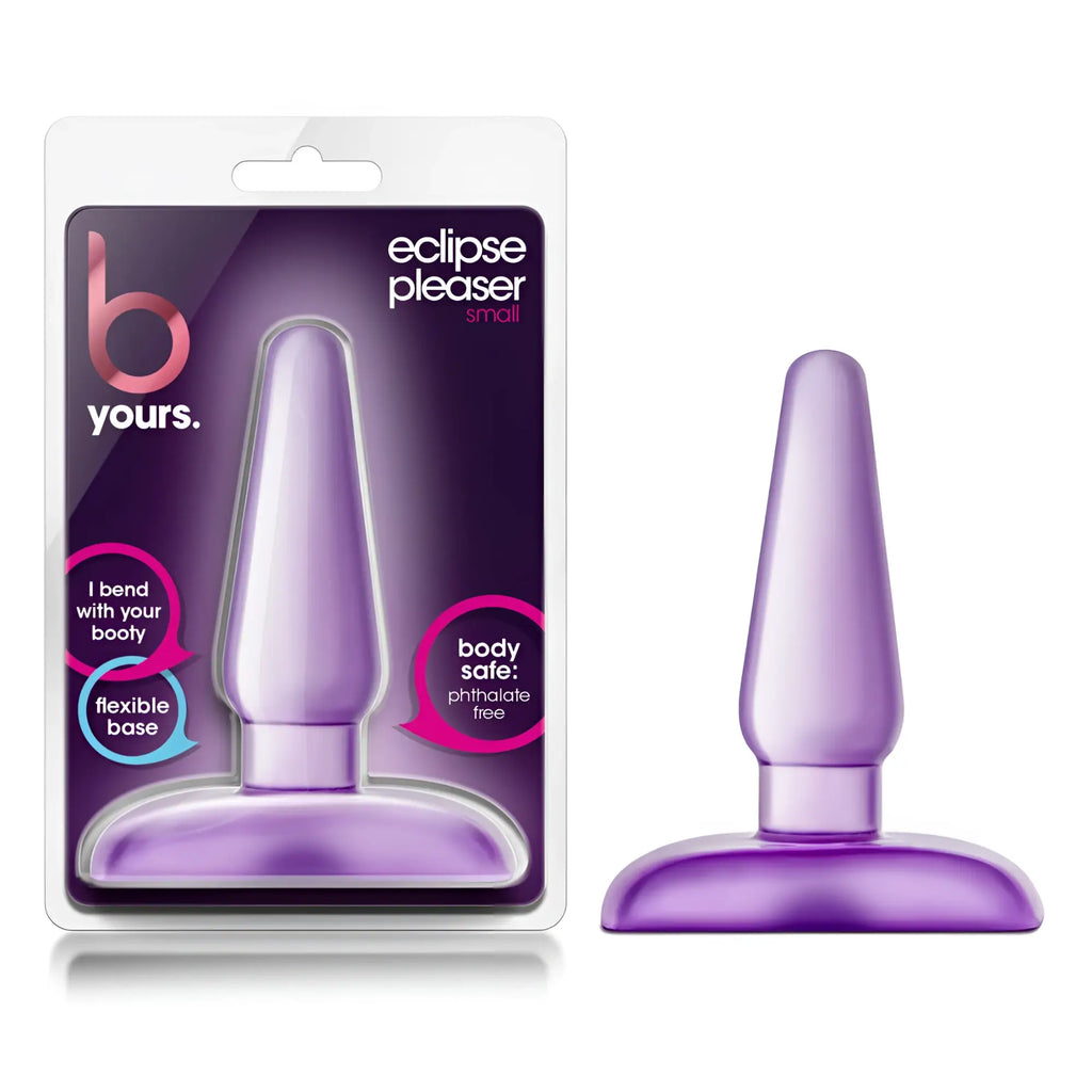 B yours eclipse pleaser small purple butt plug with flexible base in clear plastic and purple cardboard packaging