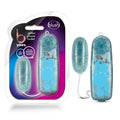 B Yours glitter power bullet in teal silicone with blue circular patterns and red power button for personal use