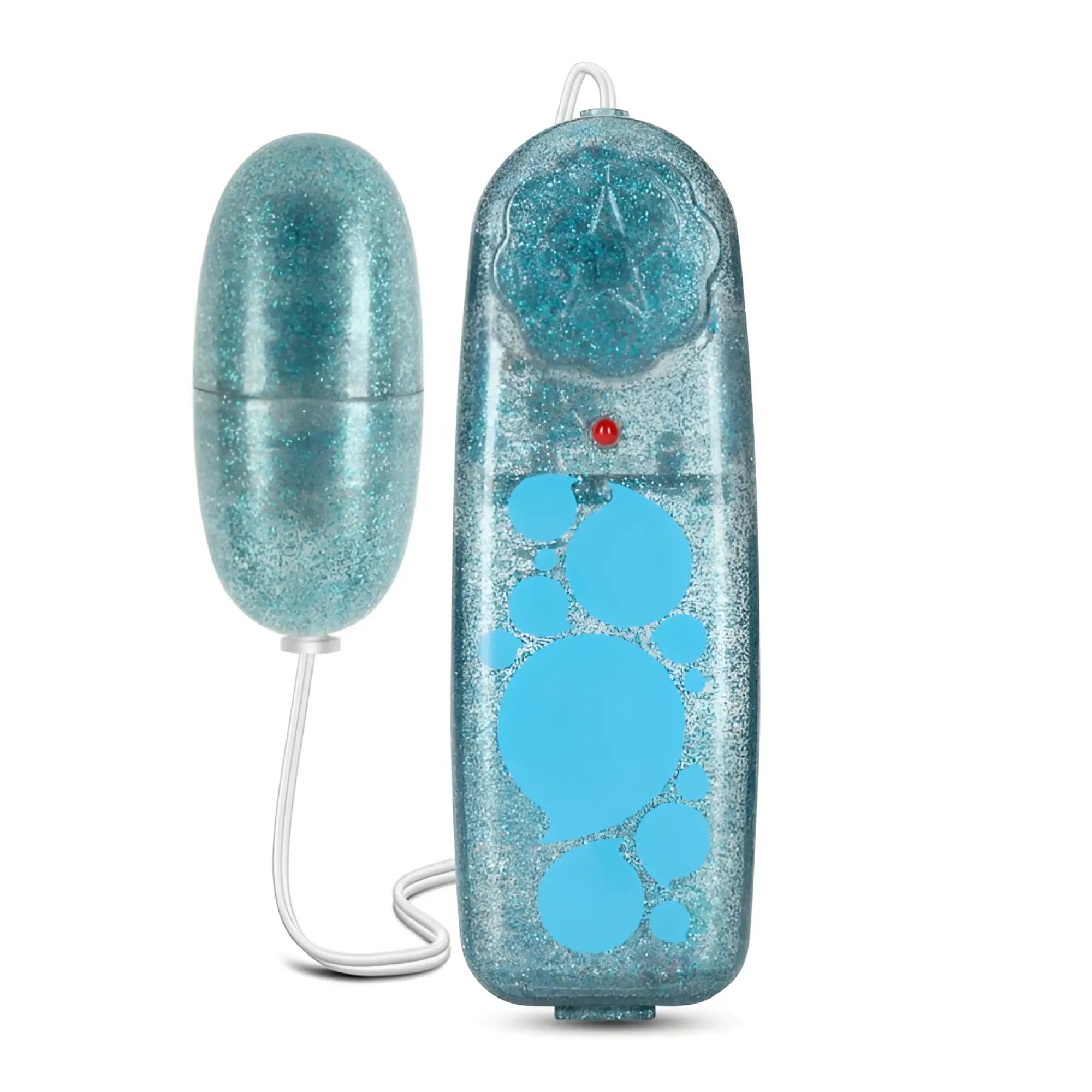 A glittery teal silicone remote-controlled vibrator with a blue translucent bubble design and a red power button