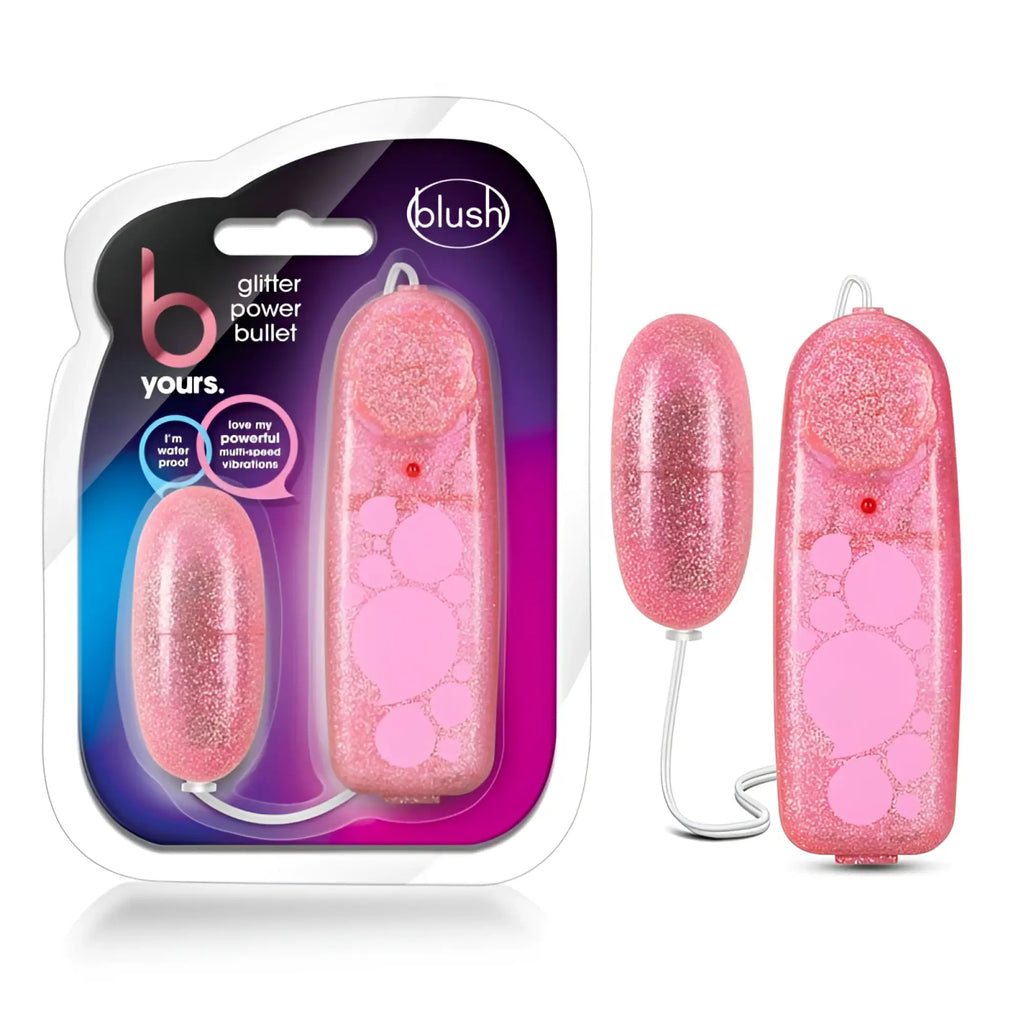 B yours glitter power bullet pink vibrator with pink glitter finish paw print design and white cord for personal use
