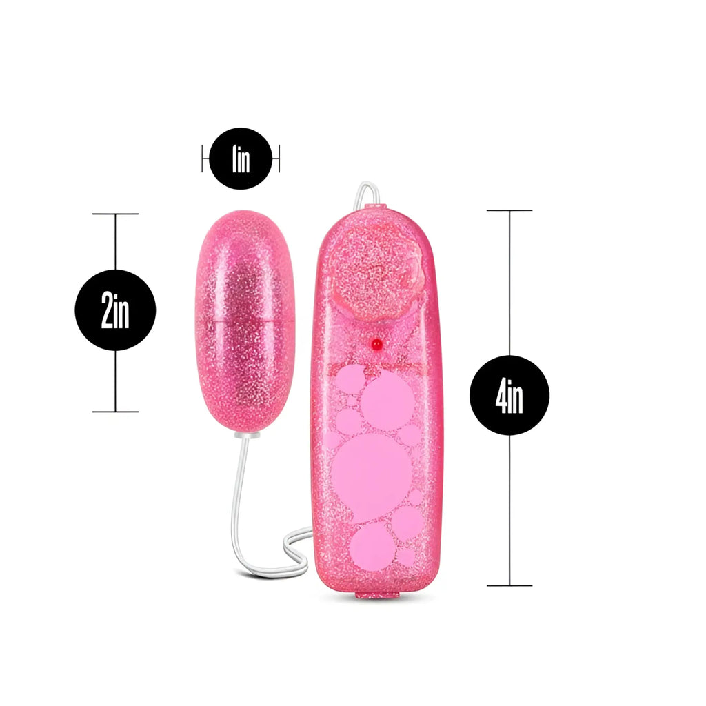 Pink glittery silicone vibrating egg with matching remote control featuring bubble designs and red power button