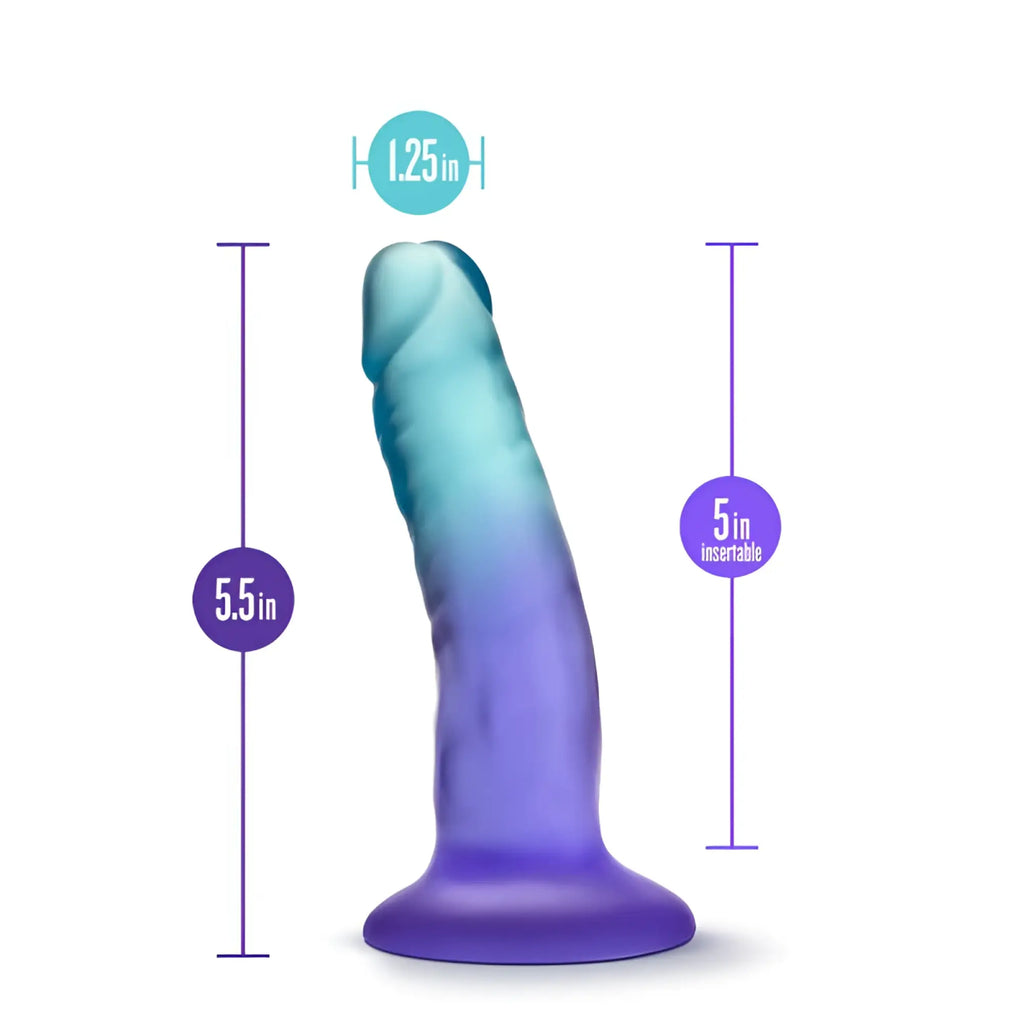 B yours morning dew 5in dildo sapphire is a gradient blue to purple silicone curved dildo with a rounded base