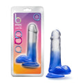 A 6-inch translucent blue and clear silicone dildo with textured base branded yours by b in packaging