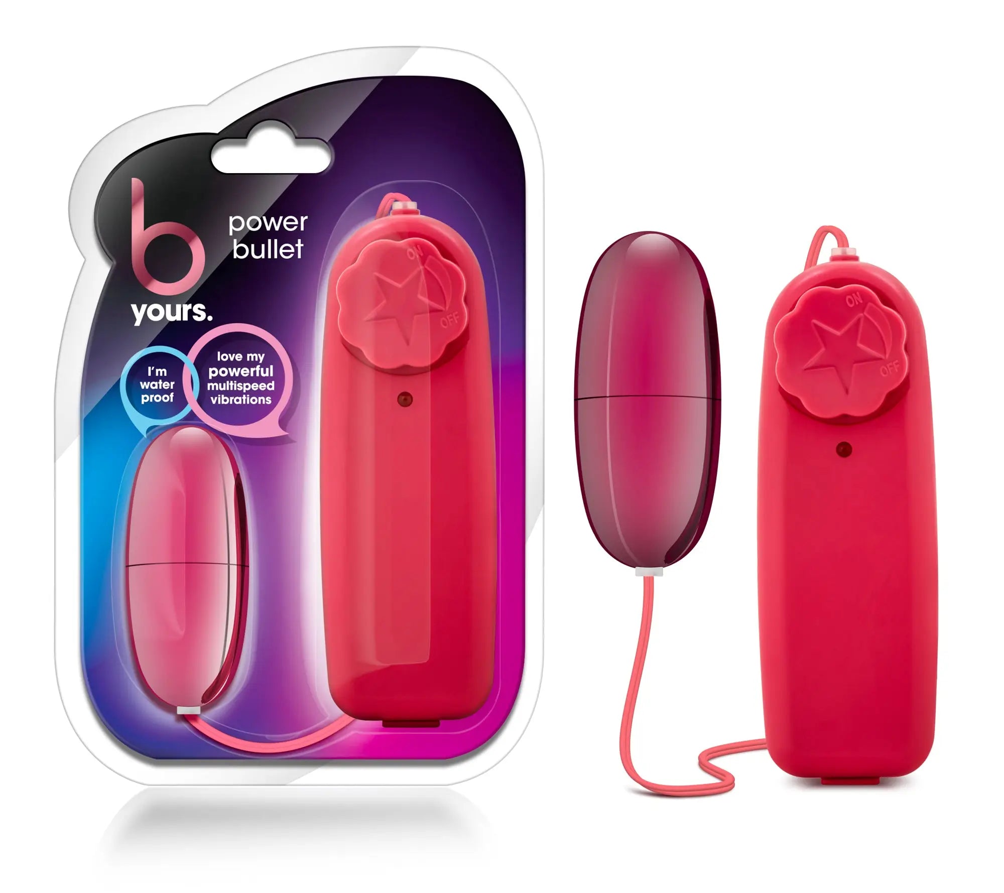 A vibrant red power bullet remote control with star-shaped button and matching cord beside a pink glossy device in packaging