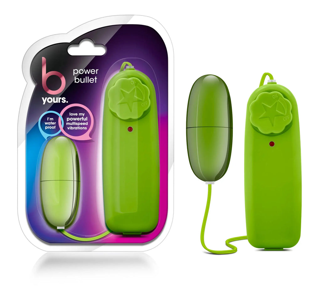 B yours power bullet lime vibrators in bright green with a sleek plastic body star-shaped button and red indicator light