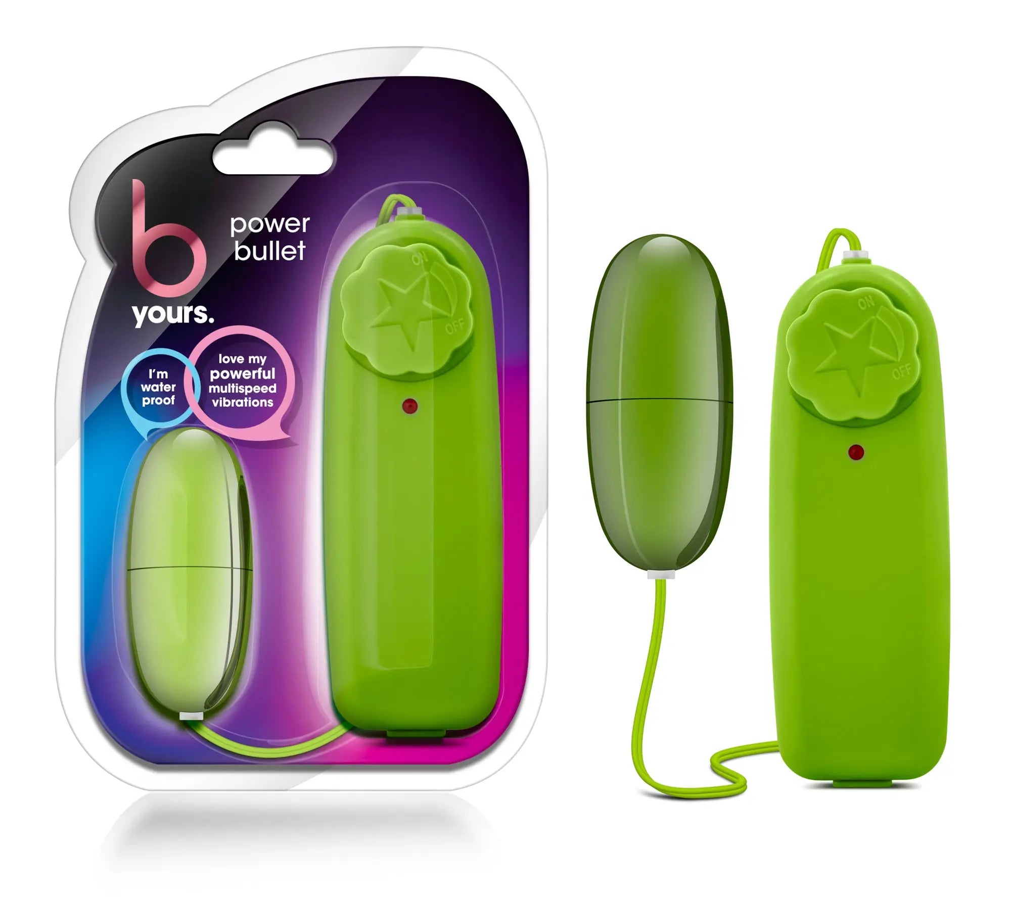 B yours power bullet lime vibrators in bright green with a sleek plastic body star-shaped button and red indicator light
