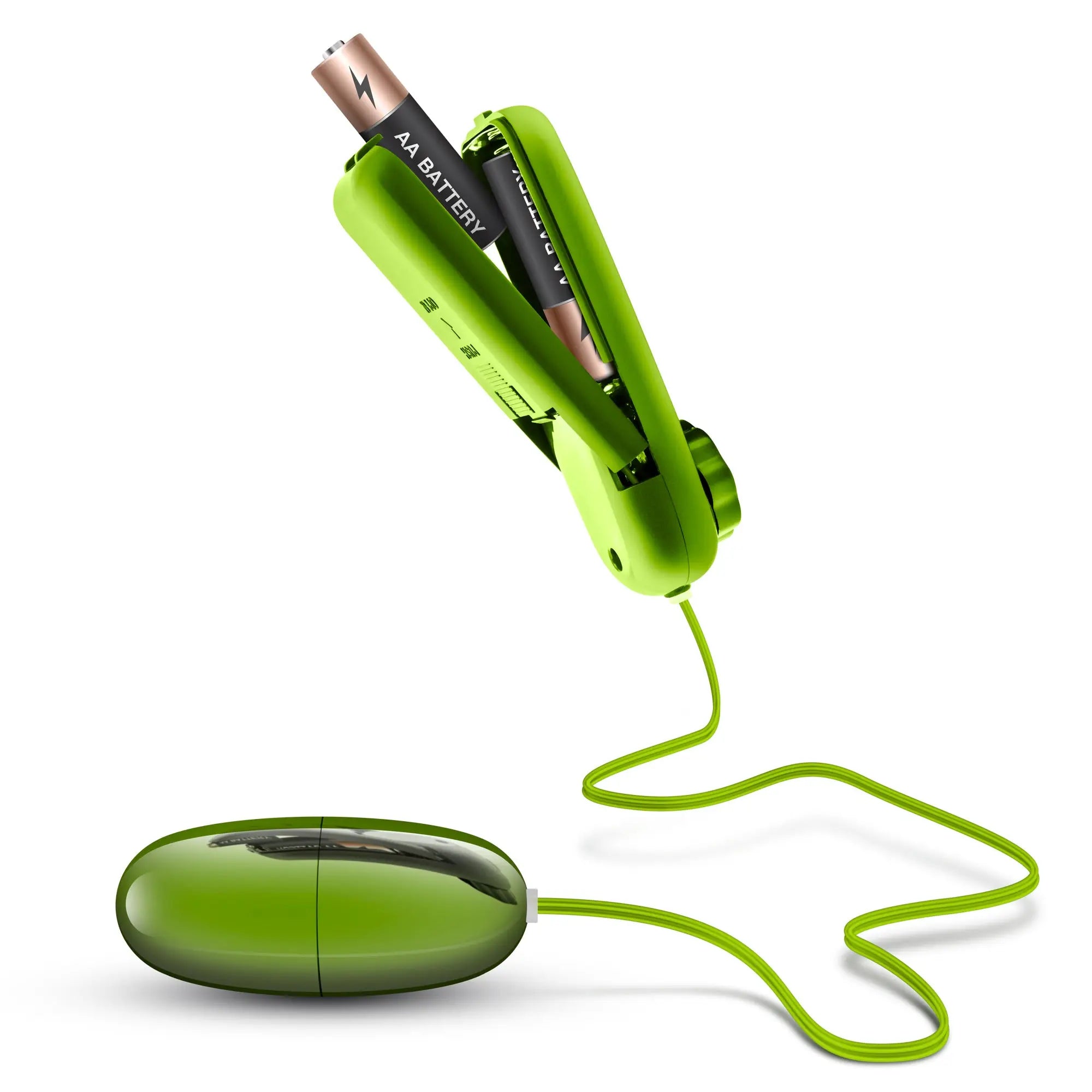 Vibrant lime green corded electric hair straightener with glossy finish and visible aa batteries in the compartment by b yours