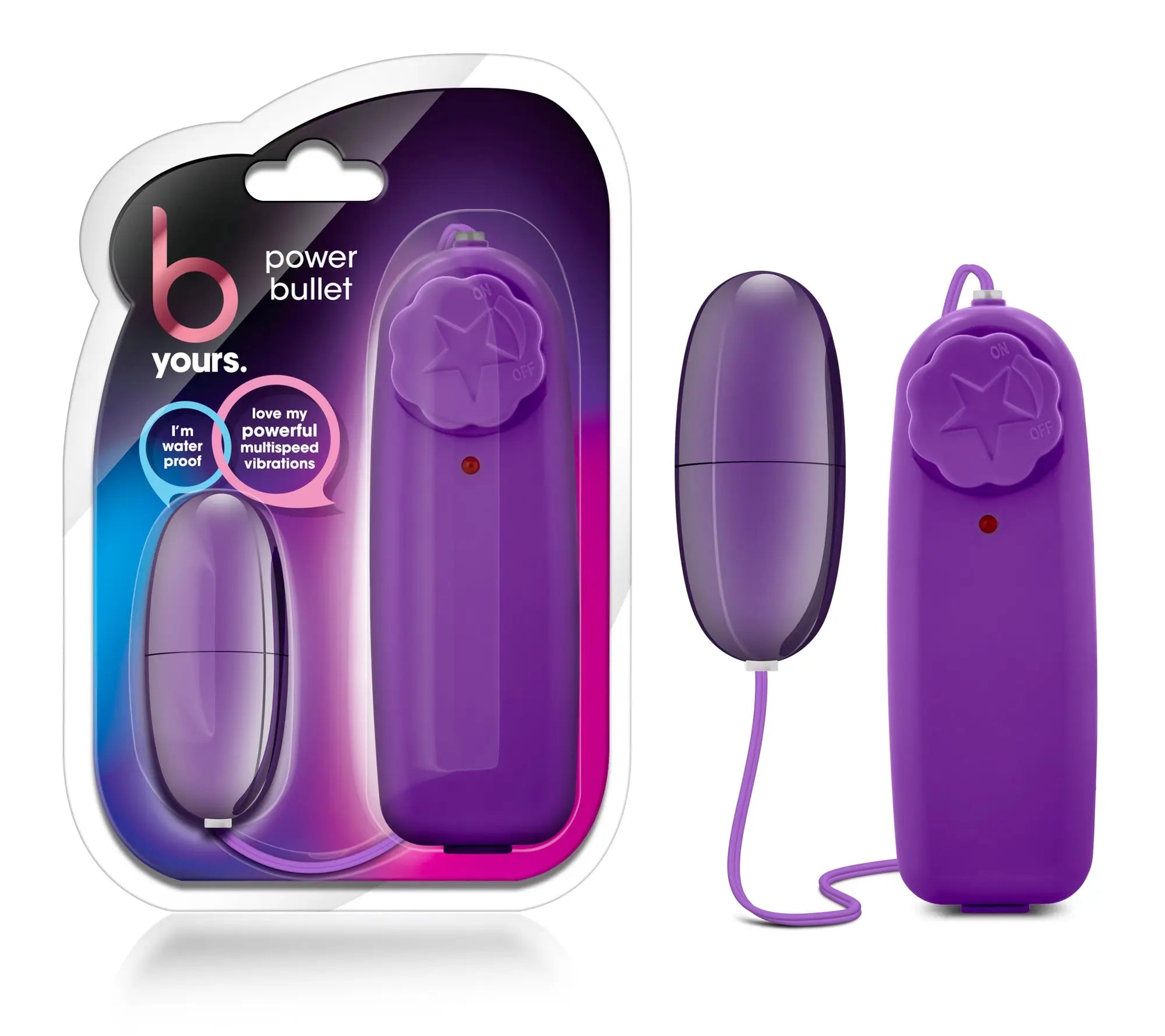 B yours power bullet purple plastic remote control with star-shaped button and attached cord