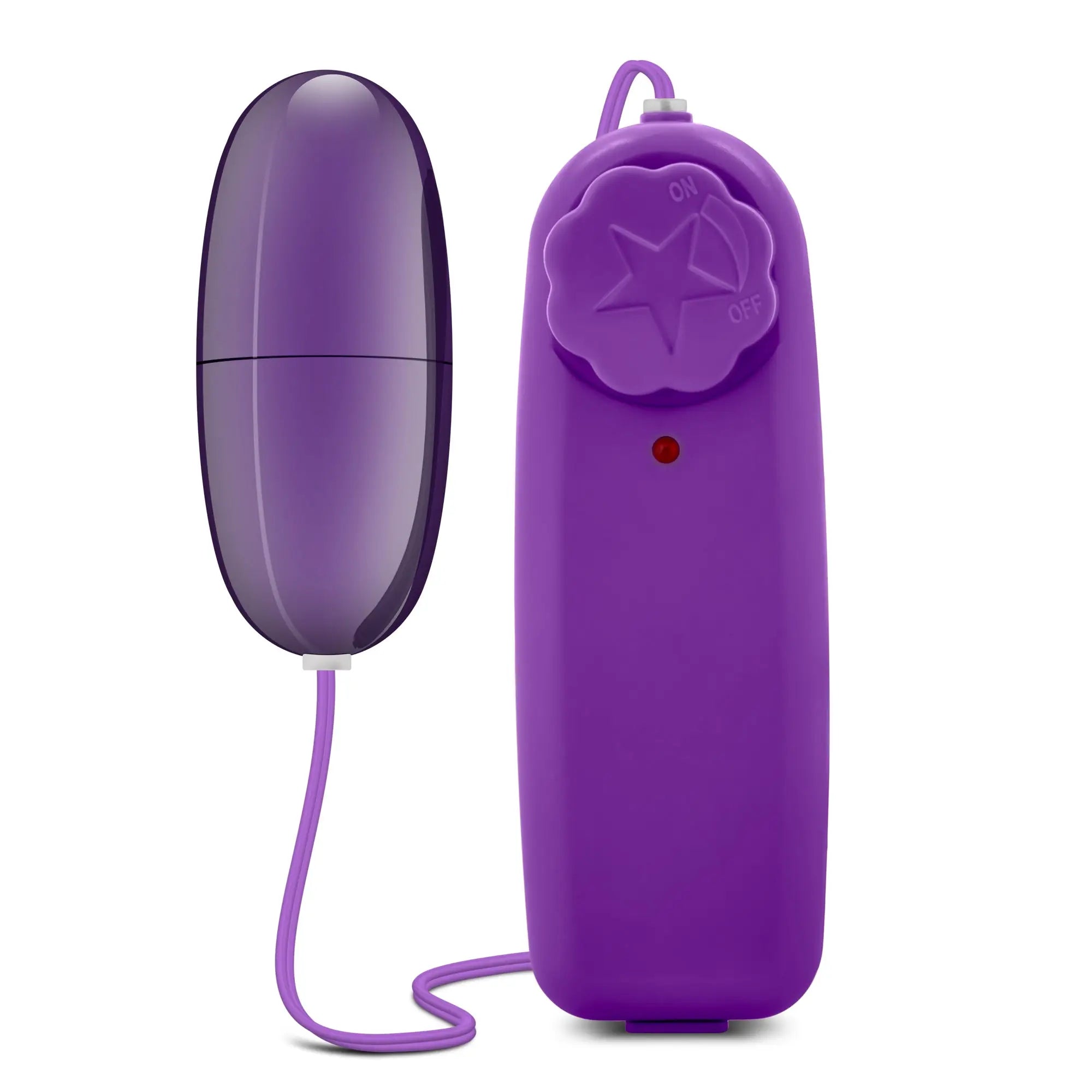 Purple silicone egg-shaped b yours power bullet vibrator with matching remote featuring star-shaped power button and led indicator