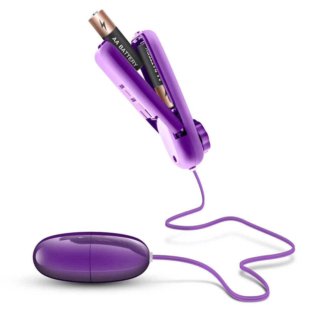 B yours power bullet purple is a purple silicone-wrapped vibrating egg with matching cord and battery compartment