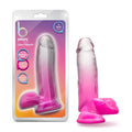 A translucent pink and clear silicone dildo with rounded base branded b yours by sugar magnetics in fuchsia color