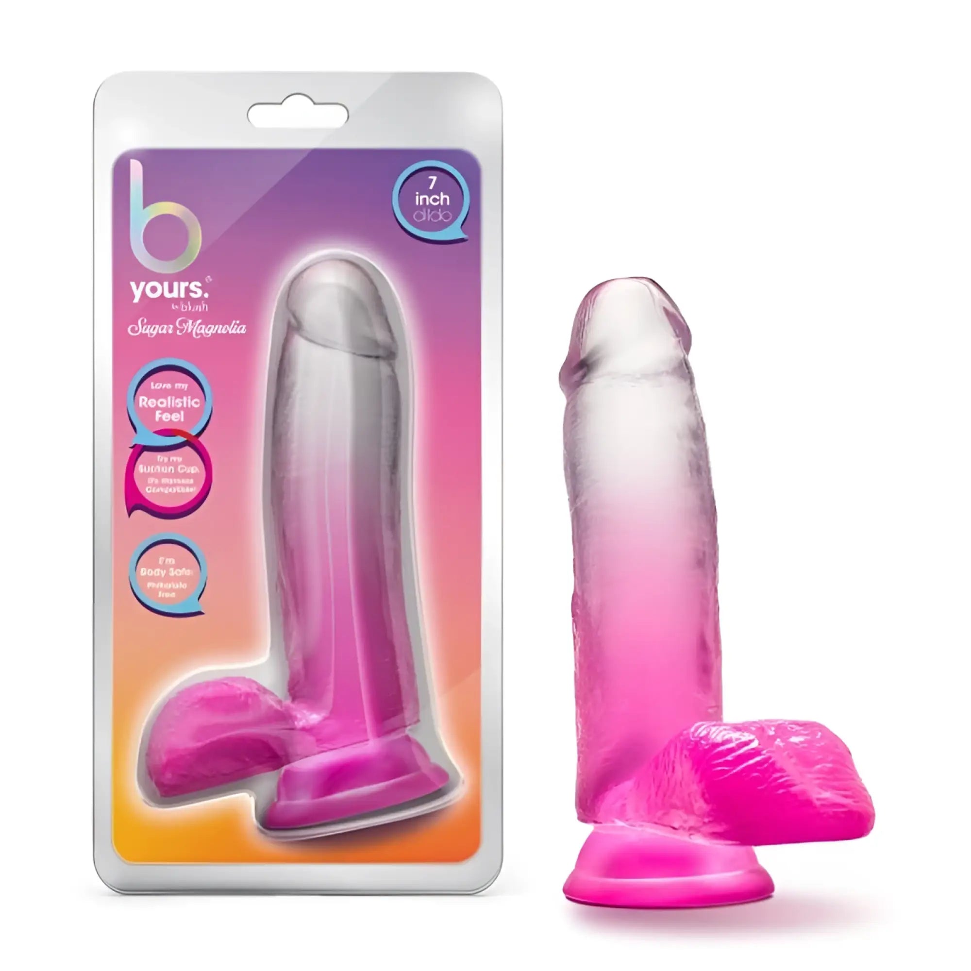 A translucent pink and clear silicone dildo with rounded base branded b yours by sugar magnetics in fuchsia color