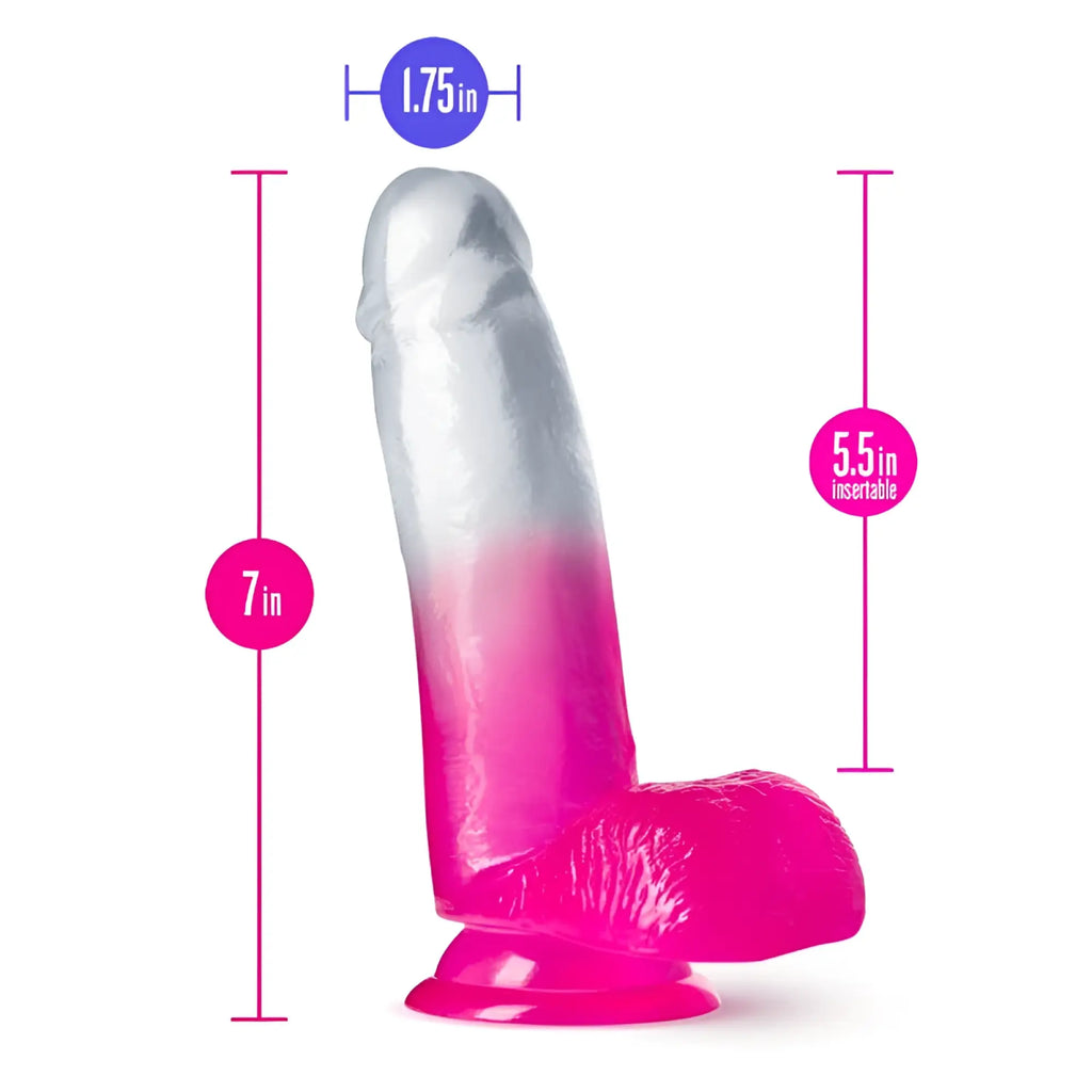 B yours sugar magnolia 7in dildo in fuchsia is a translucent pink and white silicone dildo with a textured base