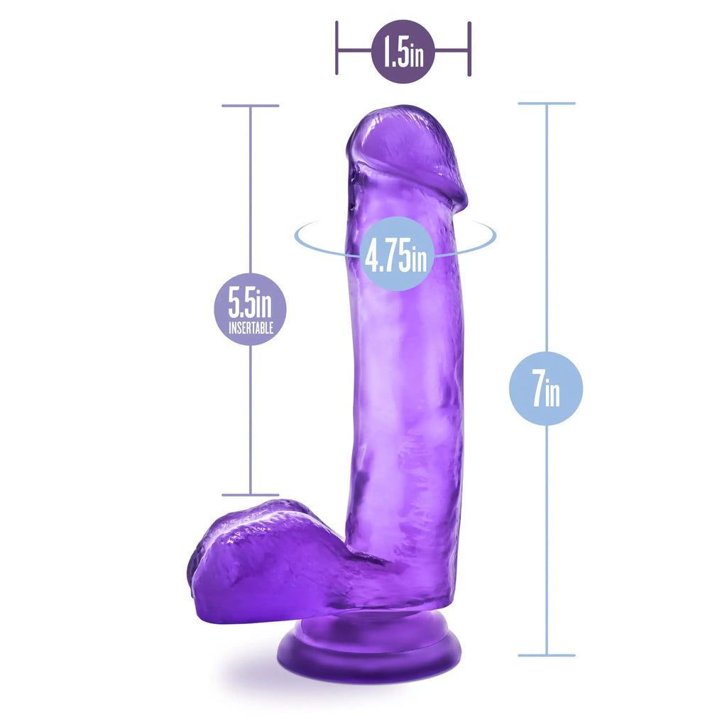B yours sweet n hard 1 purple translucent silicone dildo with rounded head and base, 7 inch length and 5.5 inch insertable depth