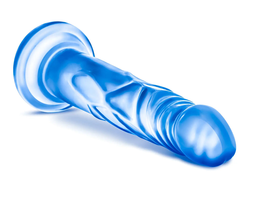 Blue translucent silicone dildo with textured ridges and rounded base from B Yours Sweet N Hard 5 collection