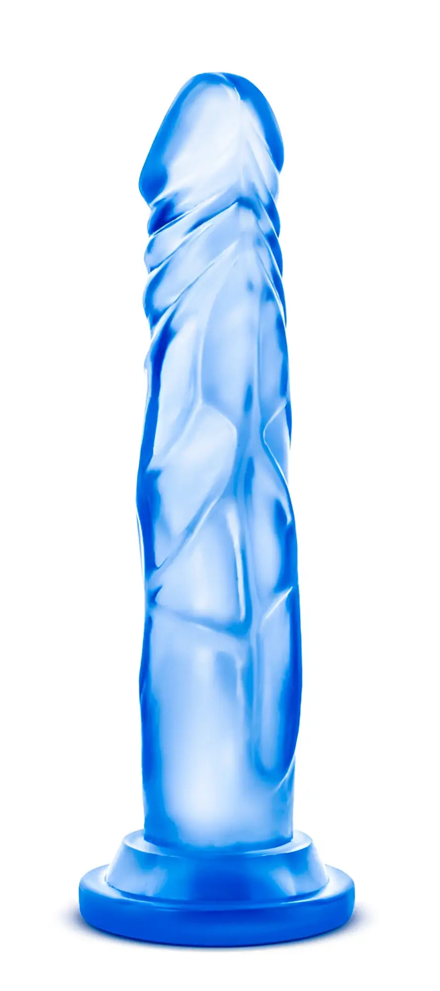 Blue translucent silicone dildo with textured ridges and rounded base from B Yours Sweet N Hard 5 collection