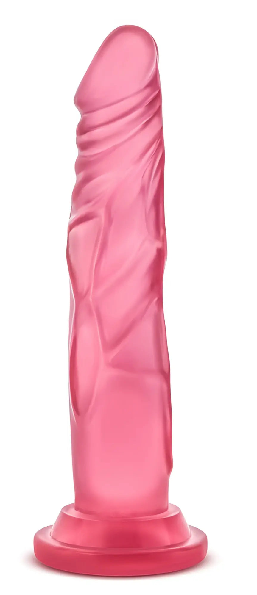 Pink translucent silicone dildo with textured ridges and rounded base from b yours sweet n hard 5 pink collection