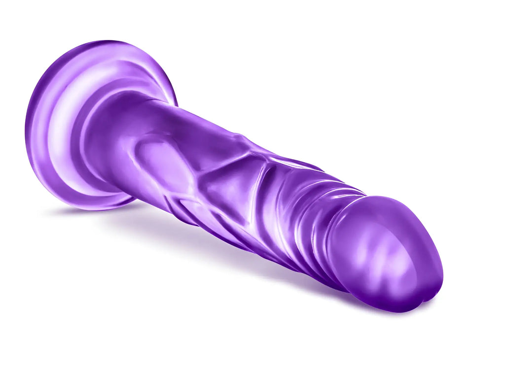 Purple translucent silicone dildo with textured ridges and rounded base from b yours sweet n hard 5 purple collection