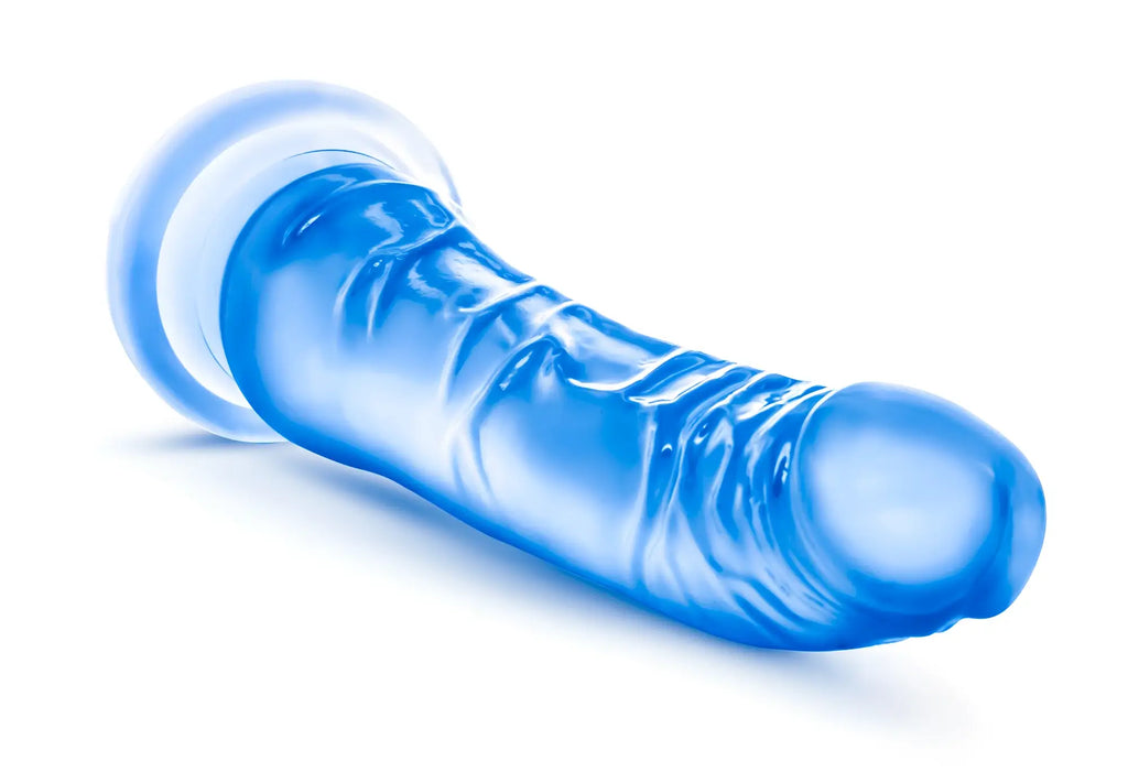 Blue translucent silicone dildo with textured ridges and rounded head from b yours sweet n hard 6 blue product line