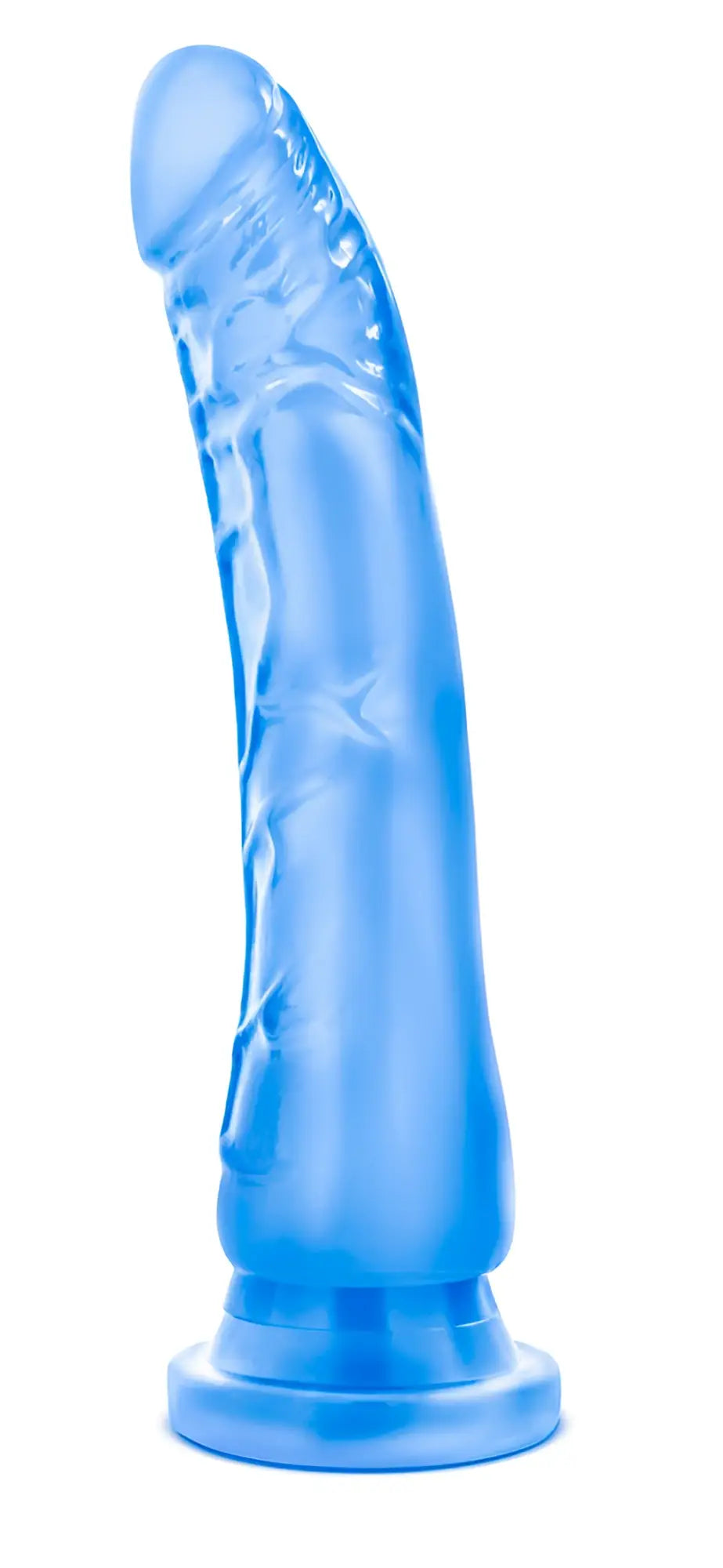Translucent blue silicone dildo with textured surface and rounded base from b yours sweet n hard 6 blue collection