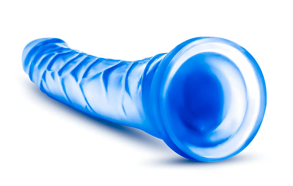 B yours sweet n hard 6 blue translucent silicone toy with ribbed texture and rounded flared end