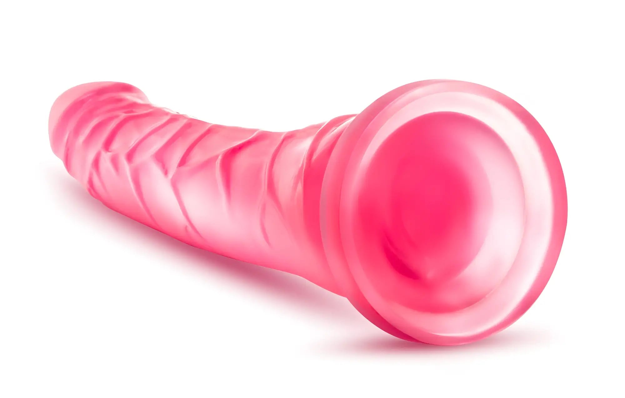 Pink translucent silicone toy with ribbed texture and rounded flared end from b yours sweet n hard 6 collection