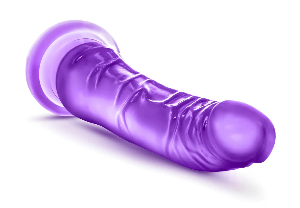 Purple translucent silicone dildo with textured ridges and rounded head from b yours sweet n hard 6 purple collection