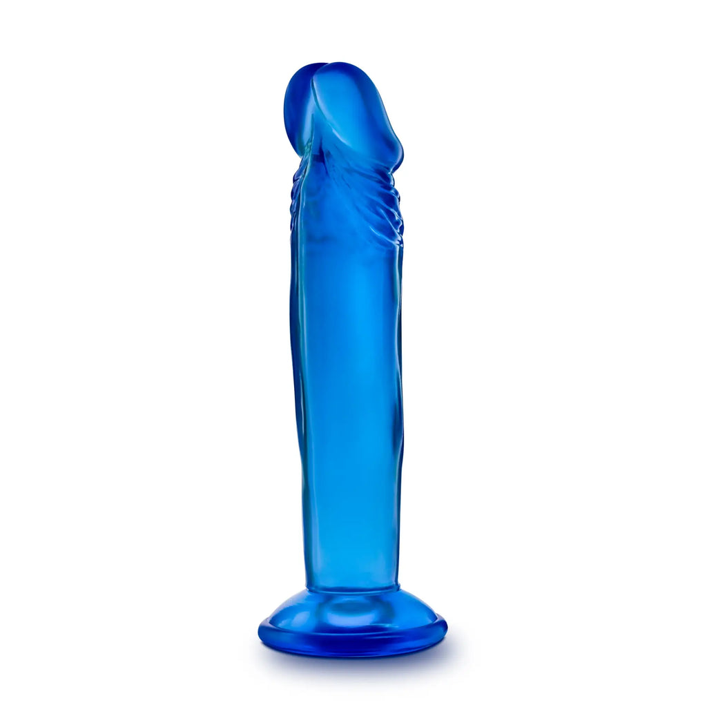 Blue translucent silicone dildo with textured ridges along the shaft and rounded base by b yours sweet n small 6in blue