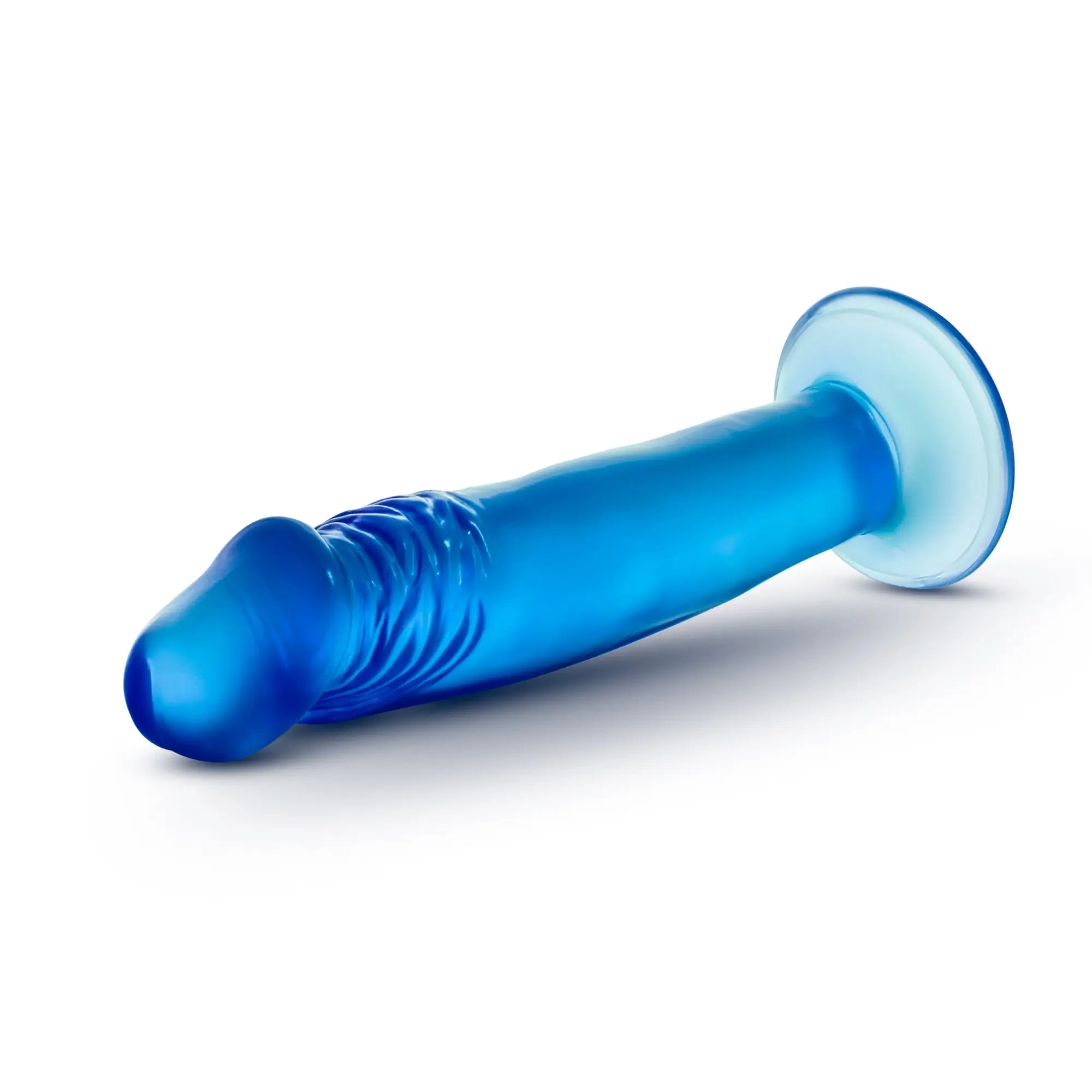 B Yours Sweet N Small 6in blue translucent silicone toy with textured grip and suction cup base