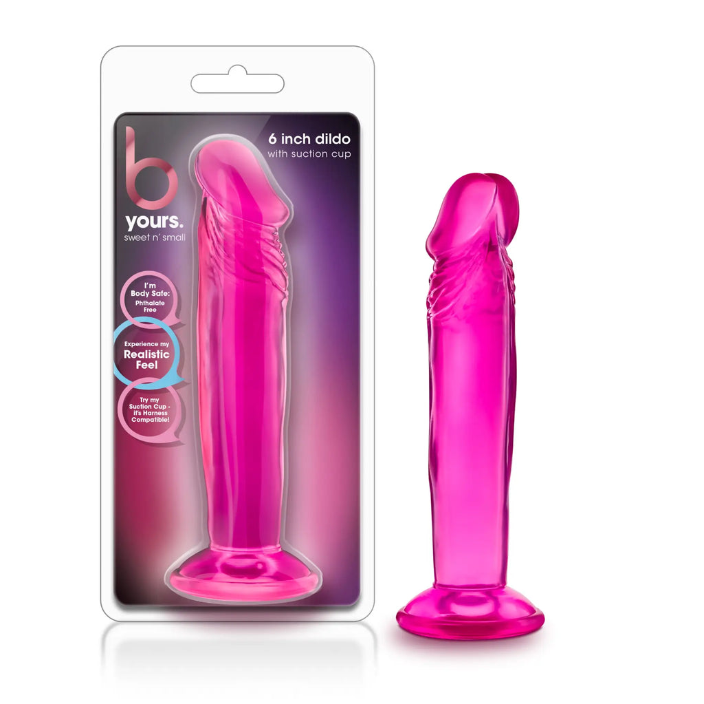 B yours sweet n small 6in pink bright translucent silicone dildo with suction cup base for hands free use