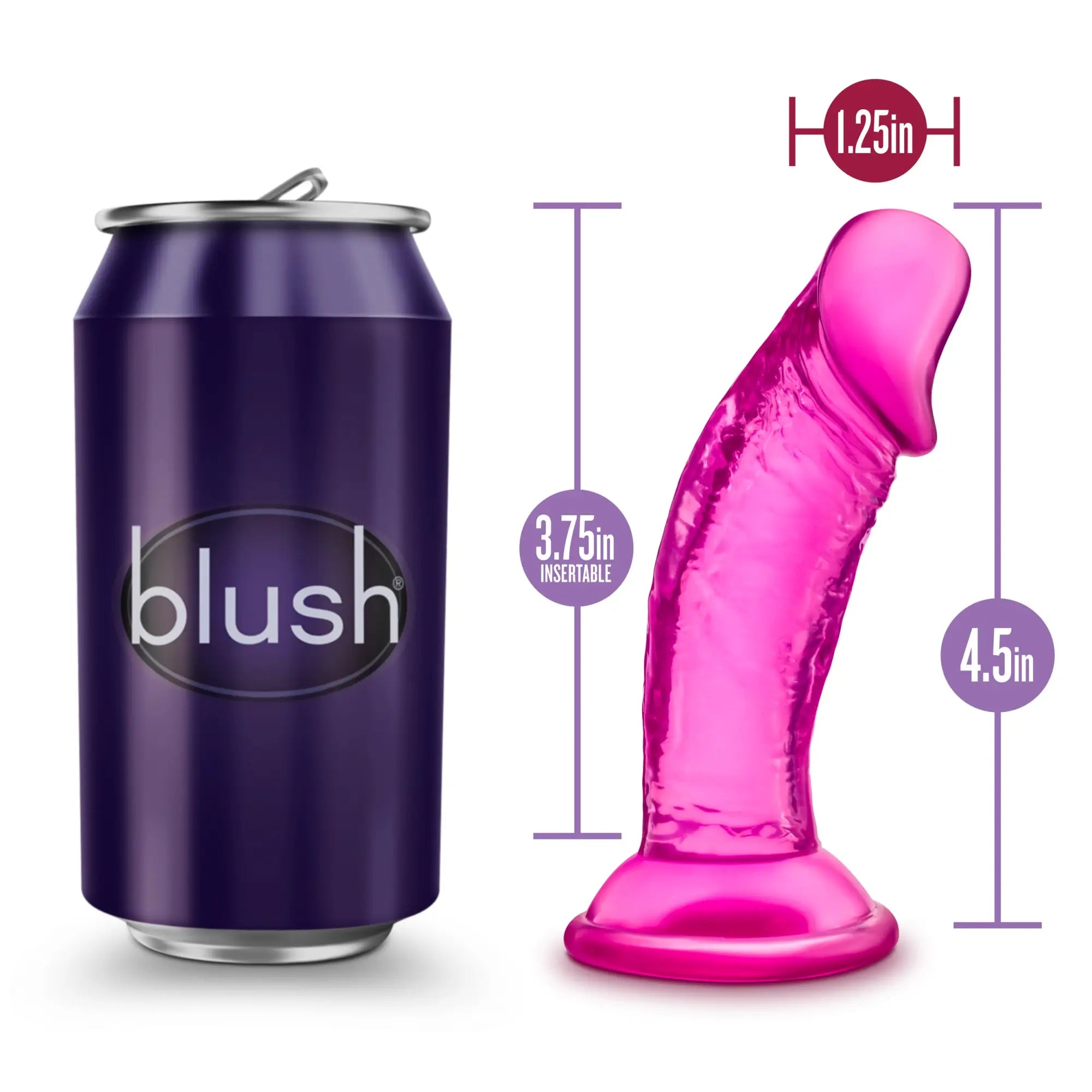 A translucent vibrant pink 4 inch B Yours Sweet N Small dildo with suction cup and curved design