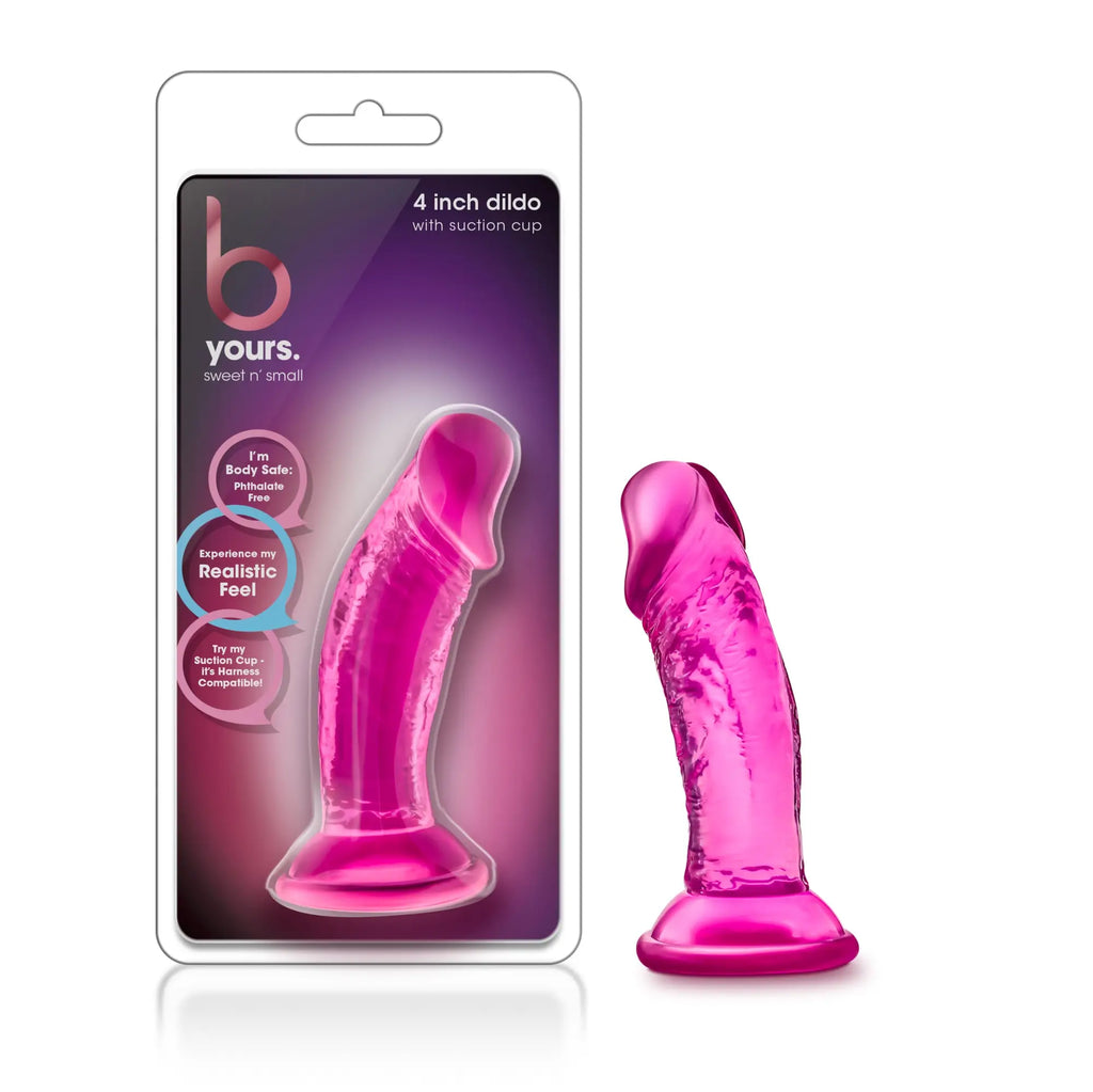 Vibrant pink glossy silicone sweet n small dildo with suction cup base by b yours 4in