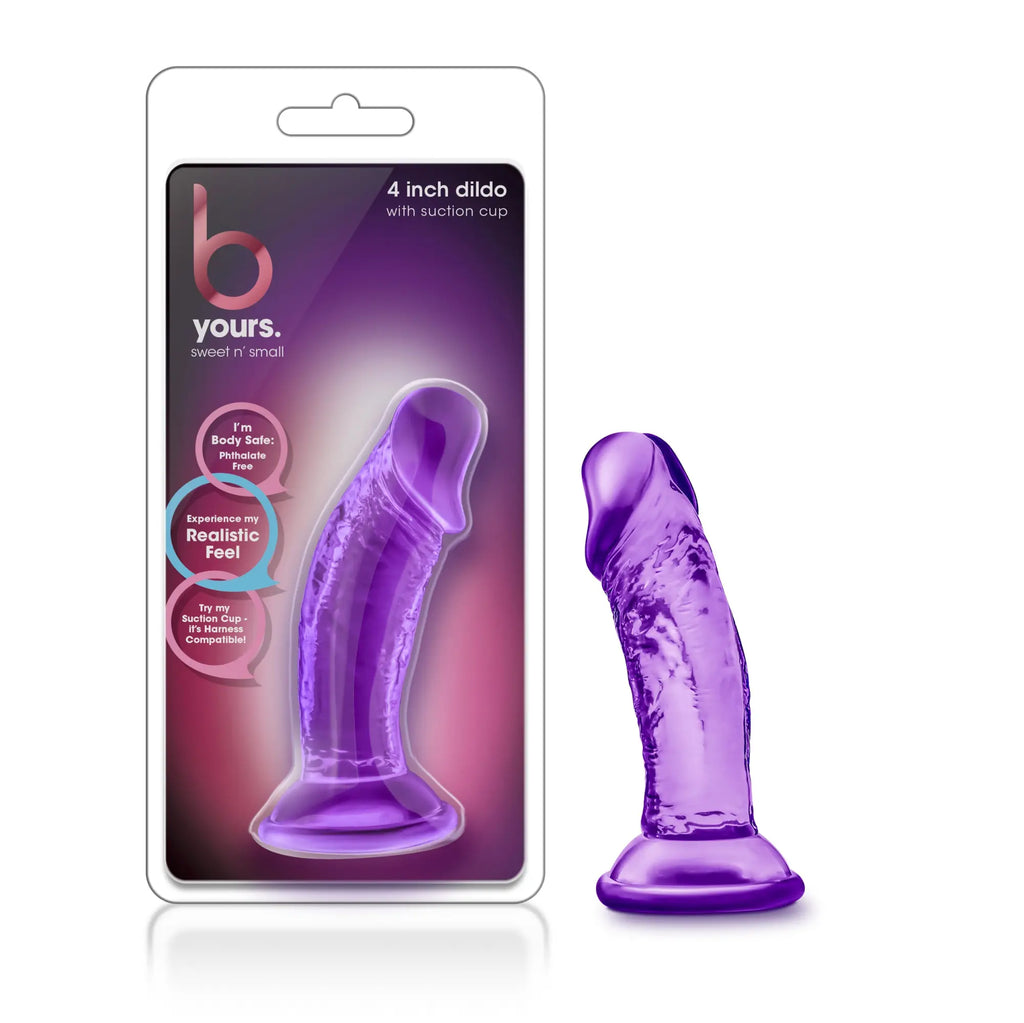 Purple translucent silicone dildo with suction cup base branded as b yours sweet n small 4in for hands-free use