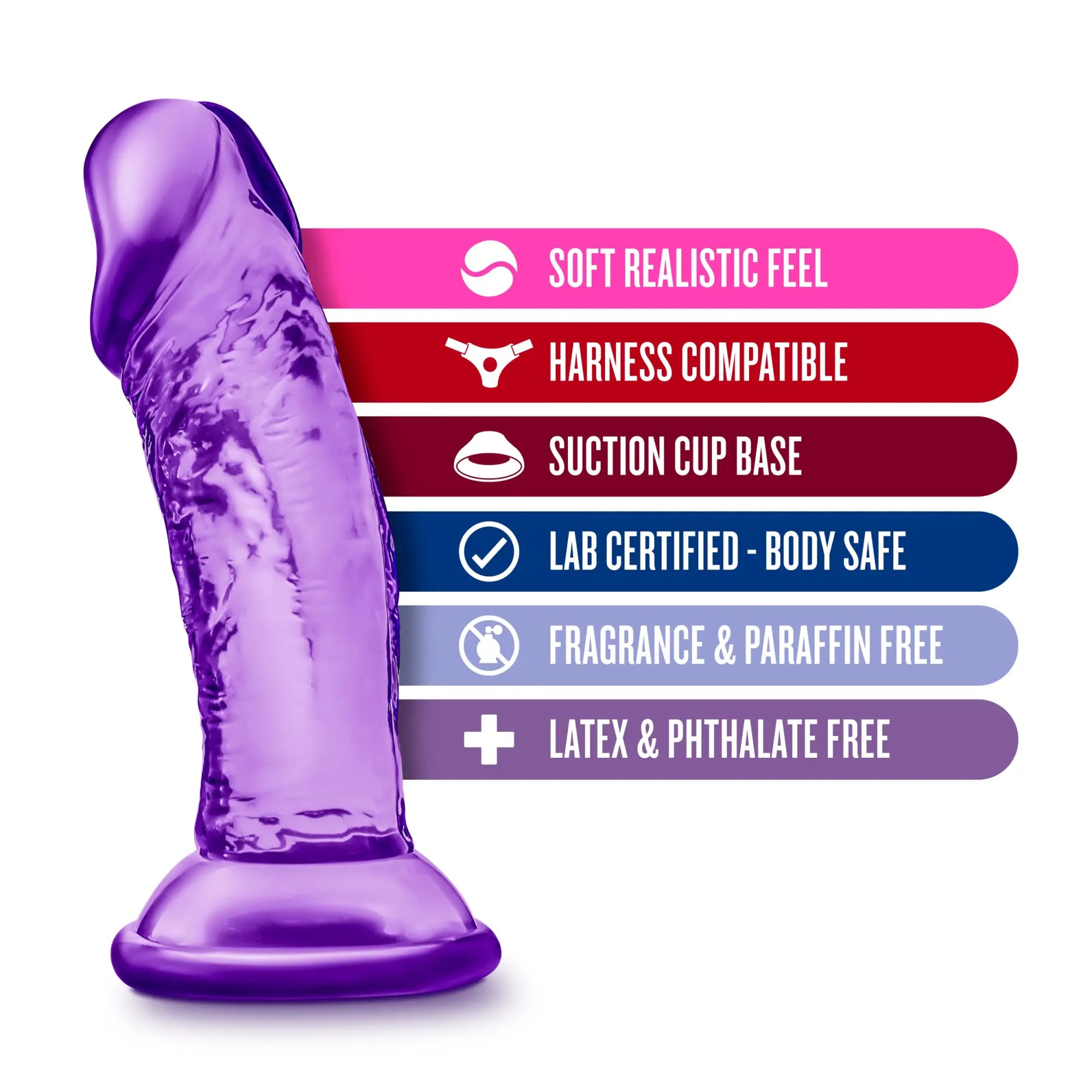 Purple translucent silicone dildo with suction cup base by b yours sweet n small 4 inch for hands-free use