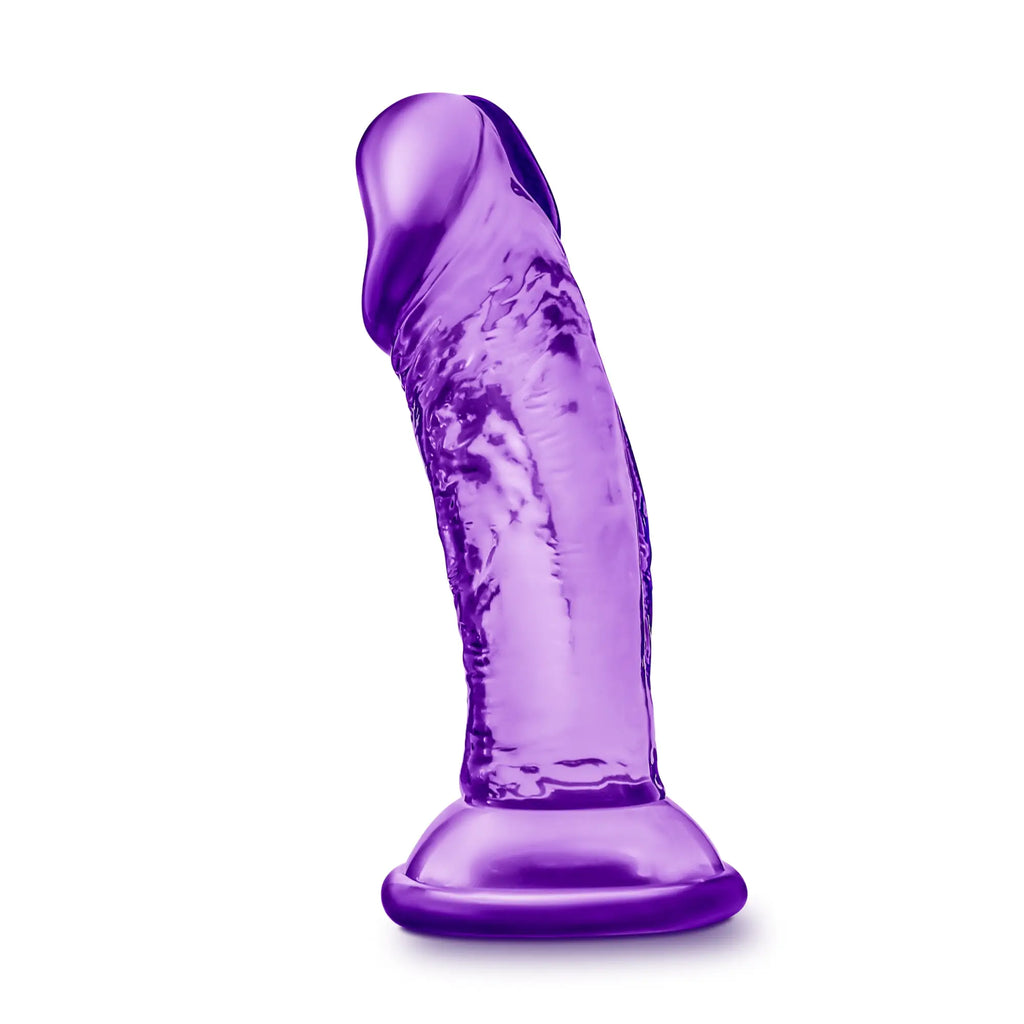 B yours sweet n small dildo 4in purple translucent silicone with textured surface and rounded suction cup base