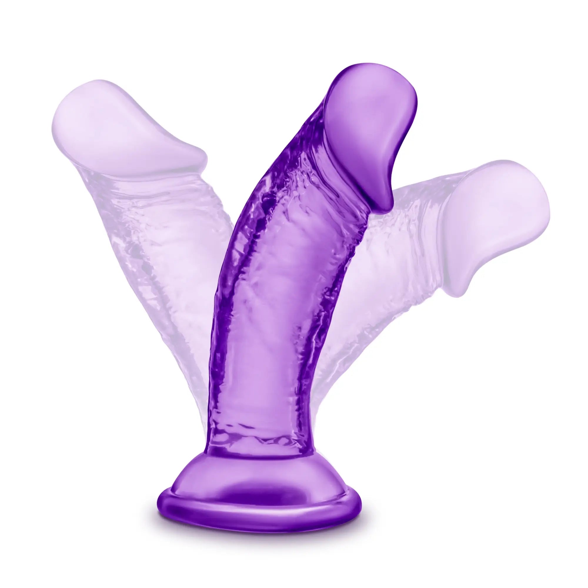 B yours sweet n small purple translucent silicone three-way dildo with central shaft and two curved arms with suction cup