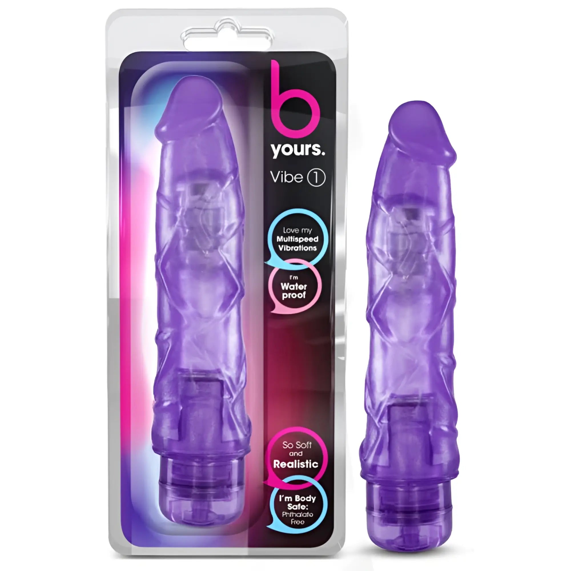 Purple translucent plastic vibrating toy with textured ridges and rounded tip by b yours from b yours vibe no 1 purple