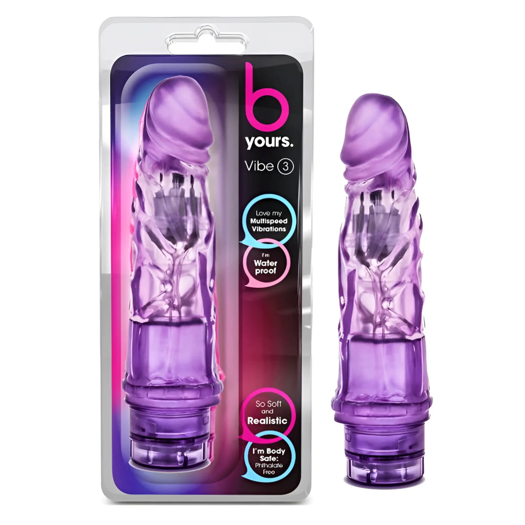 Purple translucent plastic vibrating dildo with textured ridges and rounded tip by b yours vibe no 3 purple