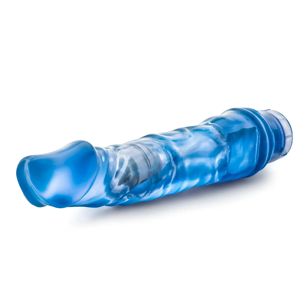 Blue translucent silicone B Yours B Yours Vibe 6 with textured ridges and rounded head vibrator for personal use