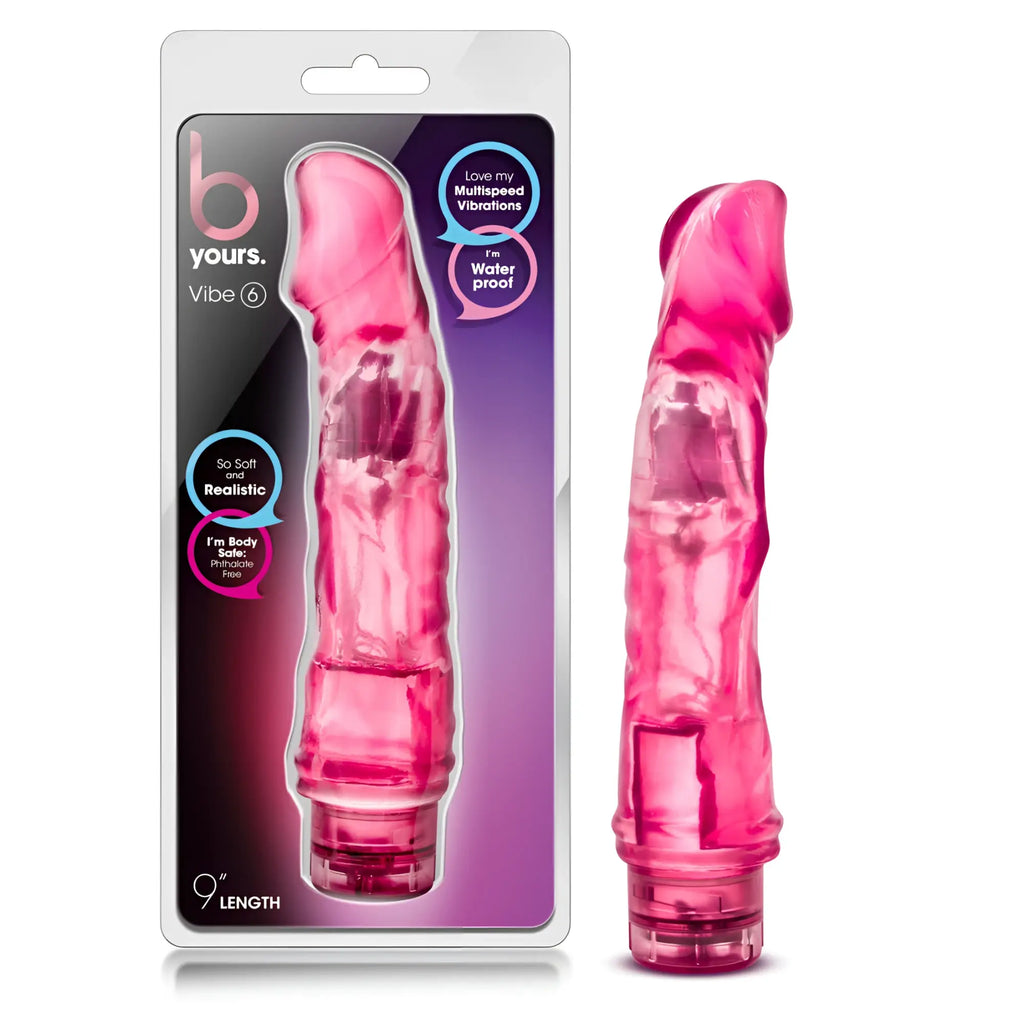 Pink translucent plastic vibrating toy with textured surface and rounded tip branded as b yours vibe 6 pink