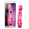 Pink translucent plastic vibrating toy with textured surface and rounded tip branded as b yours vibe 6 pink