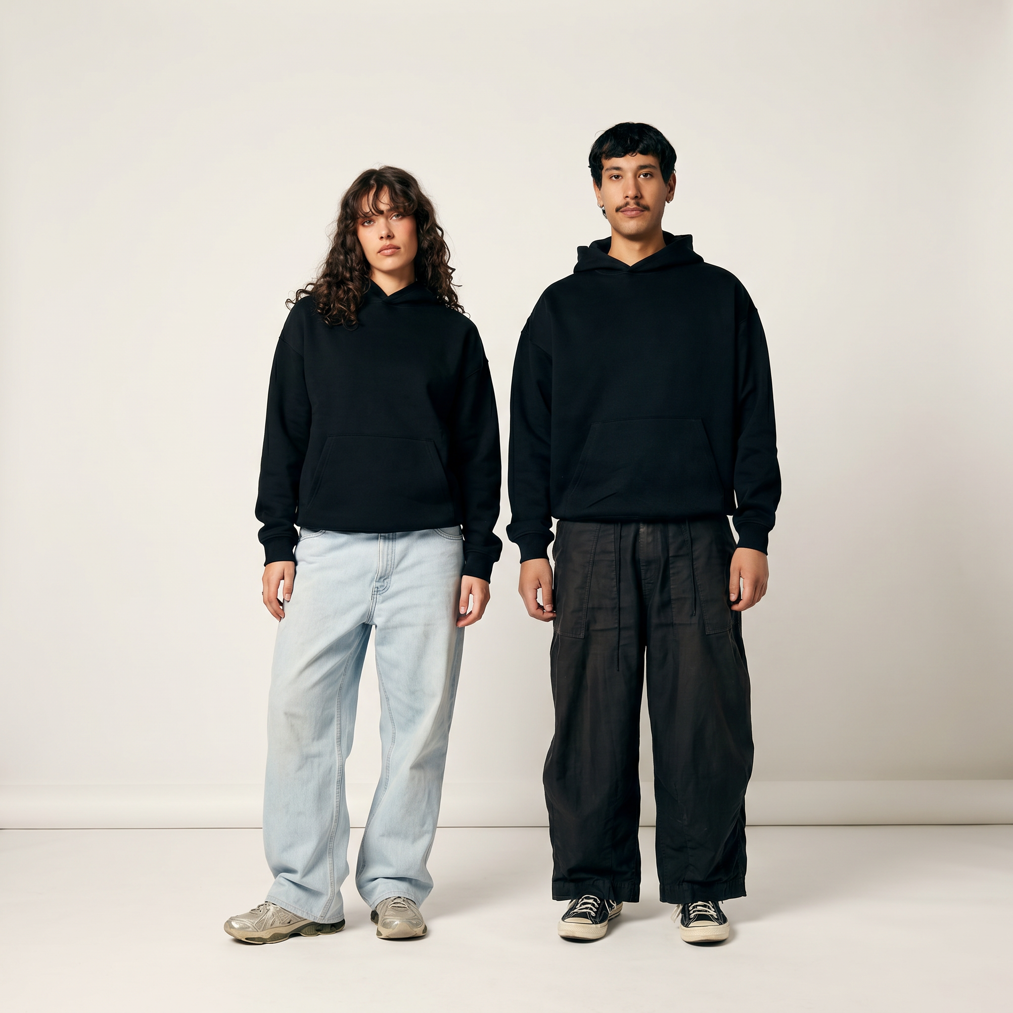 Man and woman wearing black Thread Lab Core Hoodies, styled with wide-leg trousers, clean studio editorial shot.