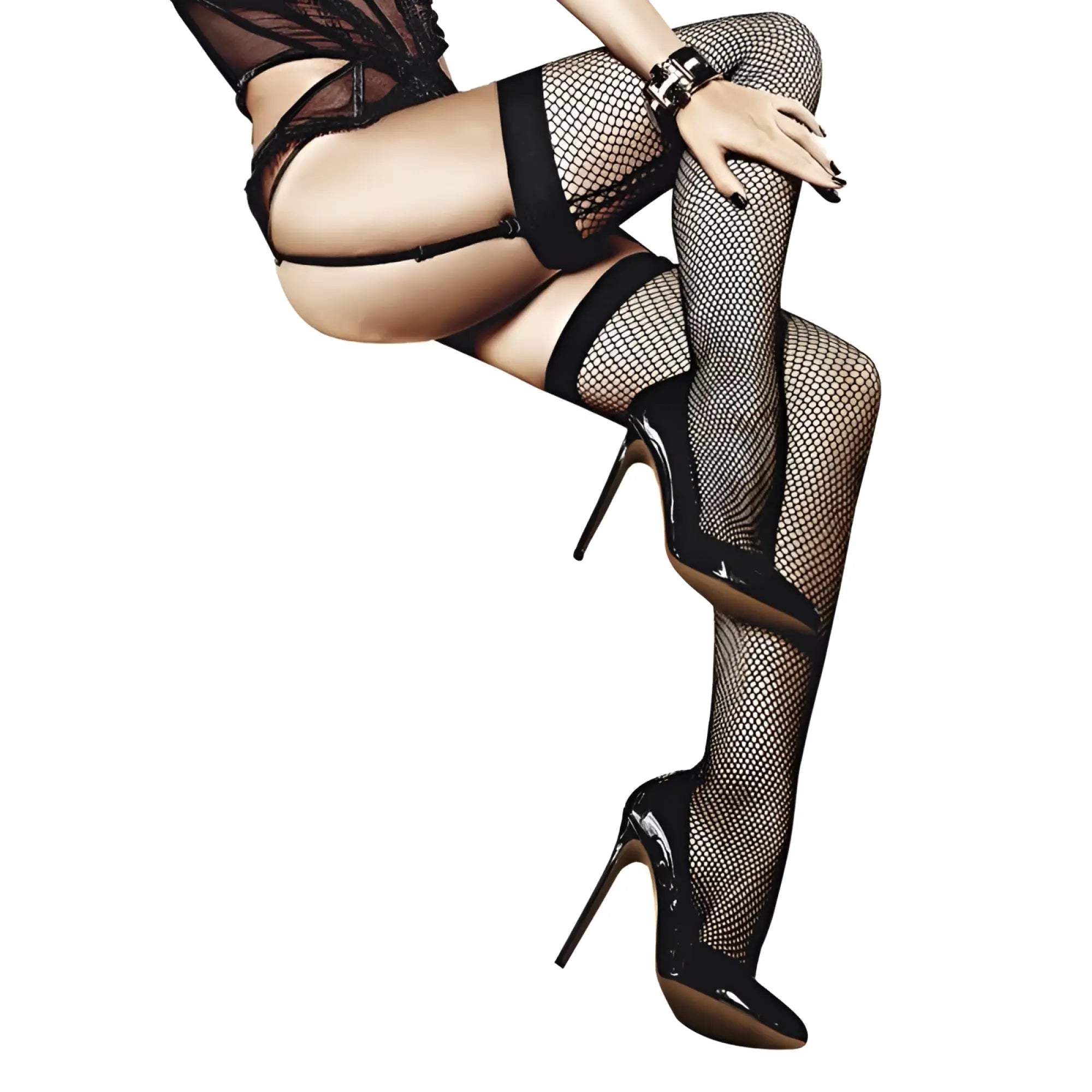 Black fishnet thigh highs with sheer grid texture and matching black garter straps from baci lingerie back side view