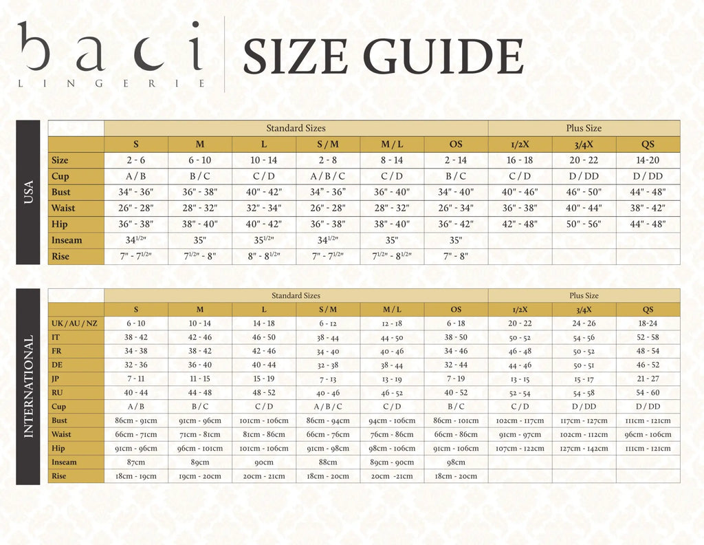 Baci lingerie fishnet thigh high with back seam one size size guide chart with bust waist hip inseam and rise measurements