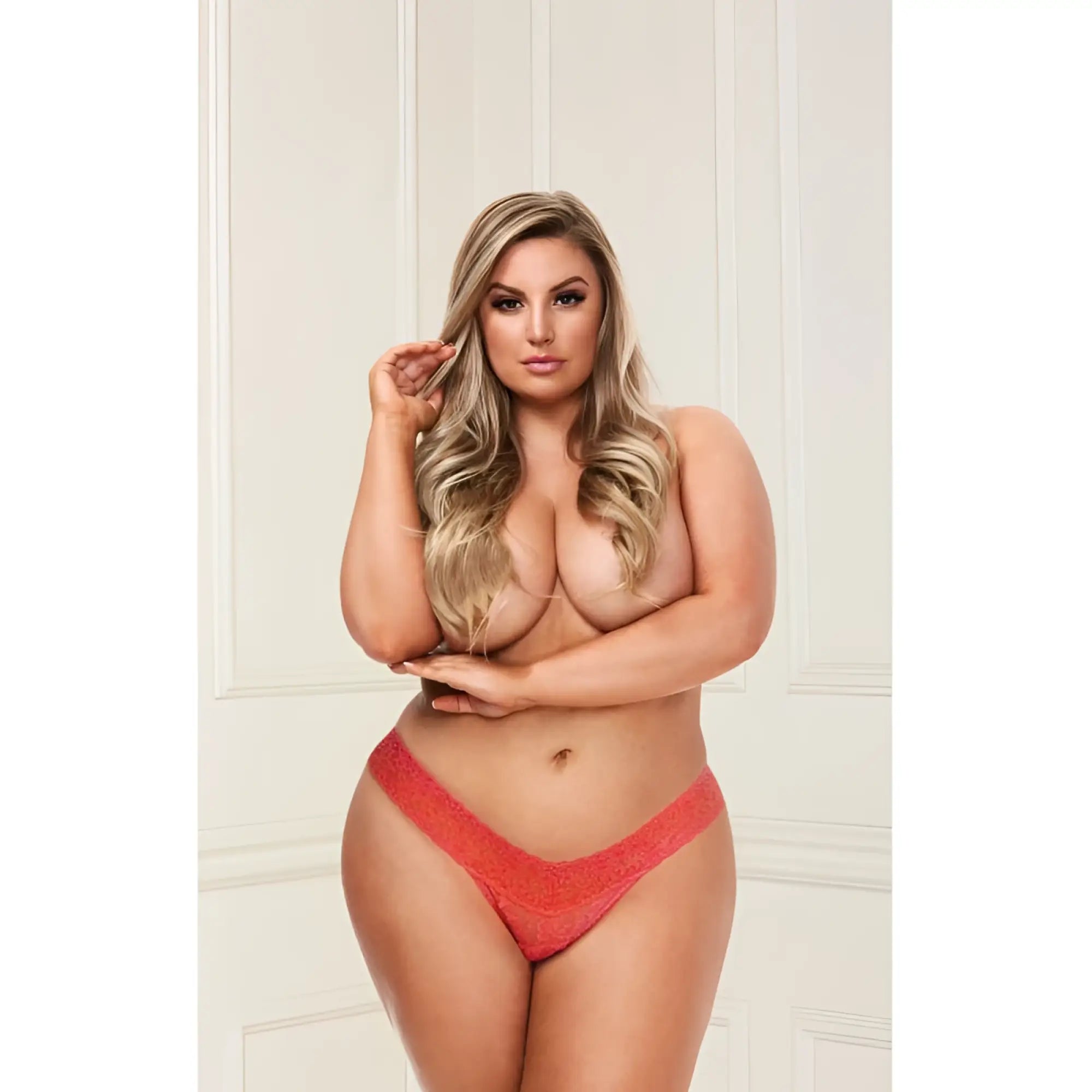 Coral lace thong in baci lingerie low rise lace thong orange xl showing delicate lace fabric and low rise fit