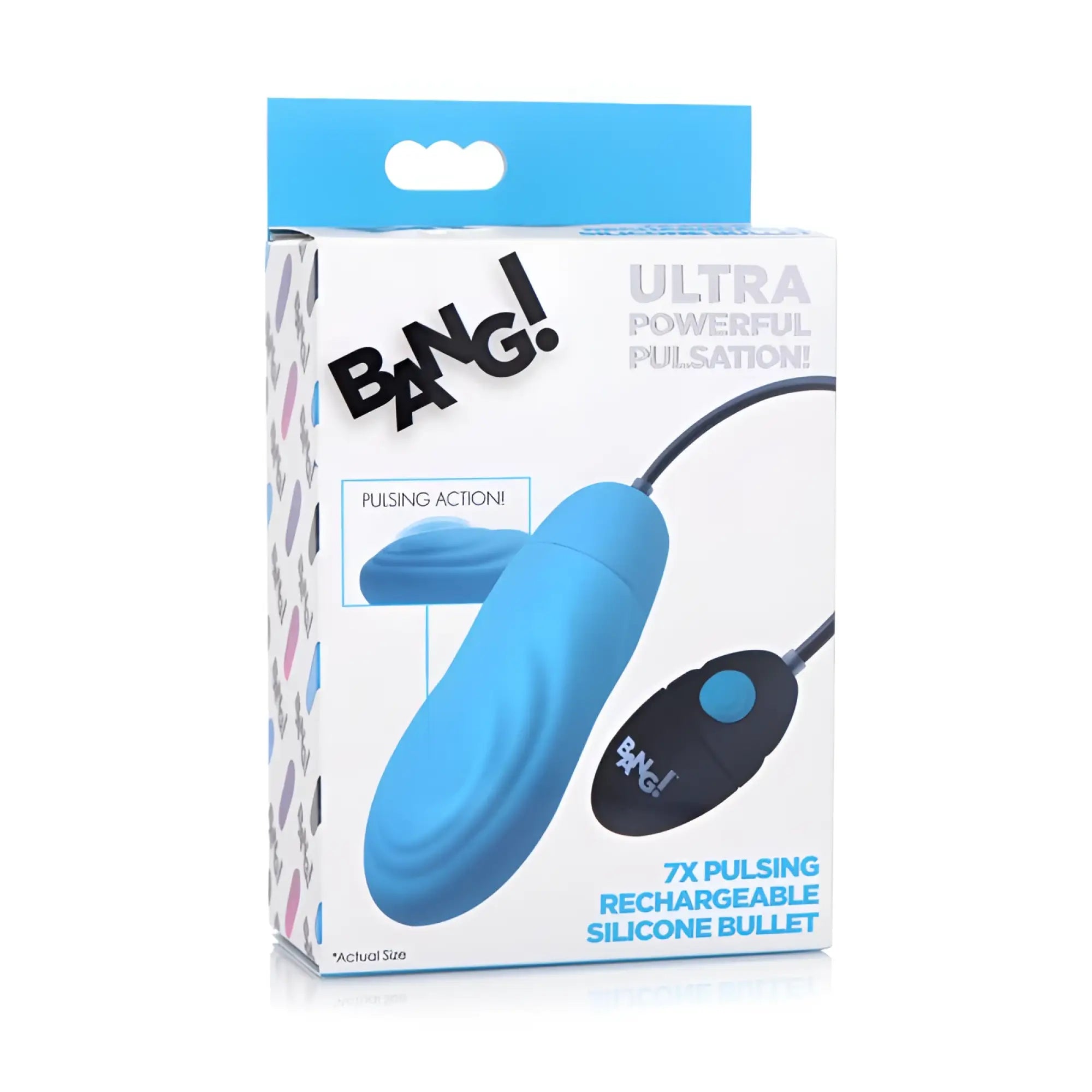 Blue silicone bang 7x pulsing rechargeable bullet vibrator with black remote control for personal use