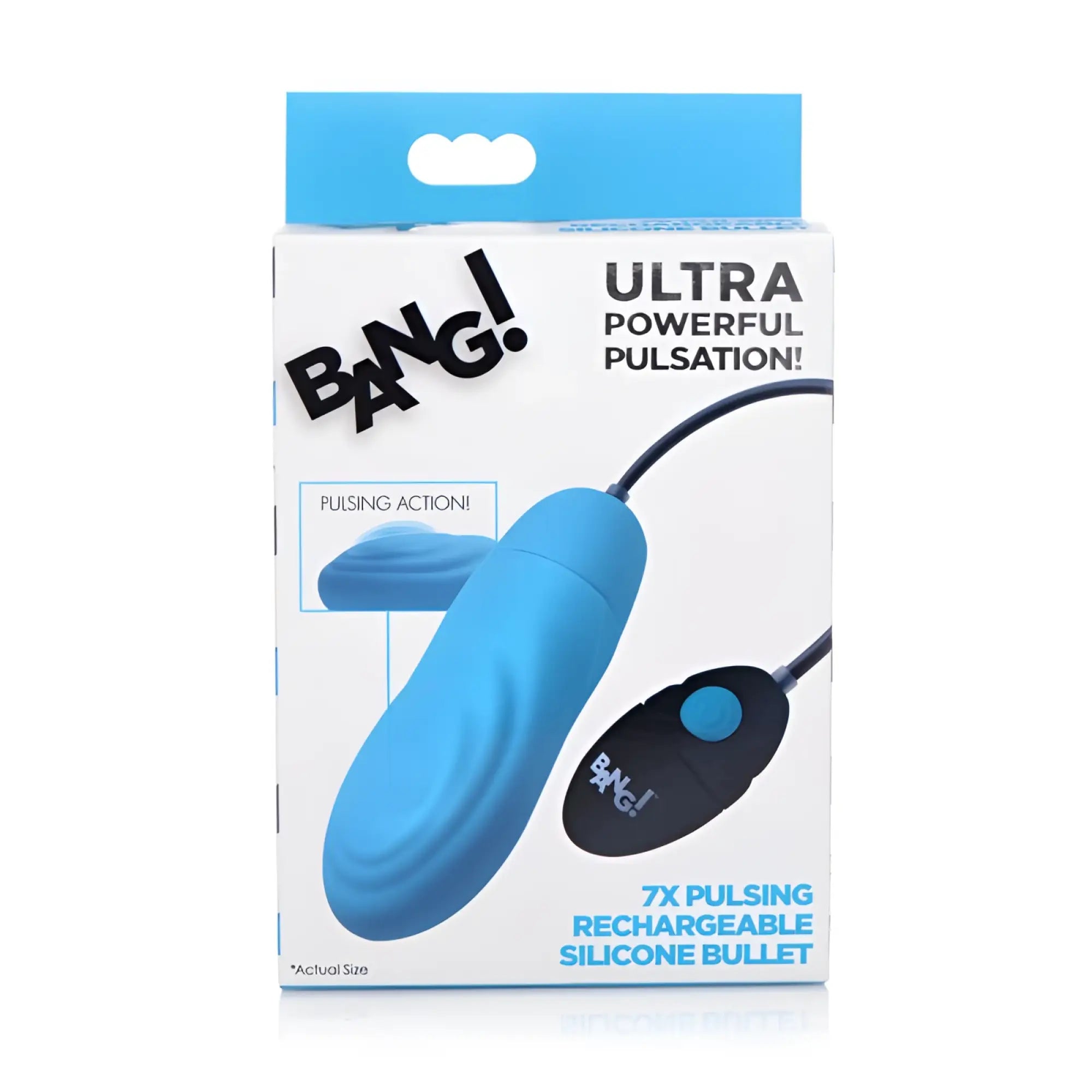 Blue silicone rechargeable pulsing bullet with black control unit for personal use in bang 7x pulsing bullet product