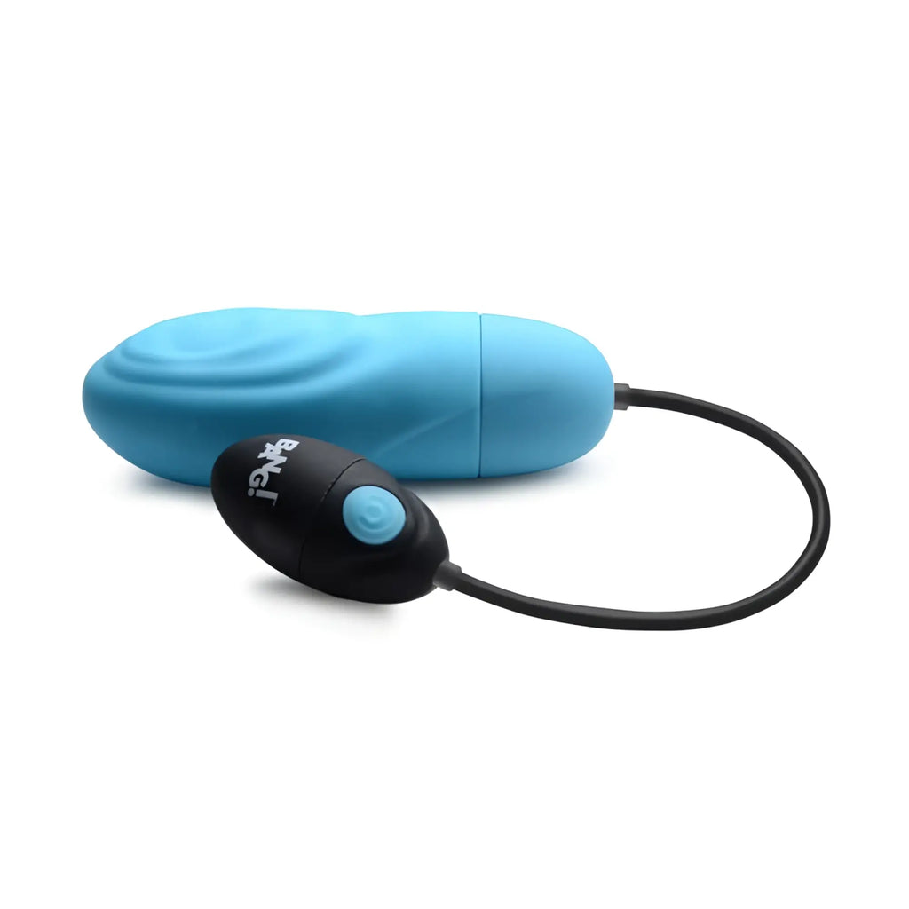 Blue silicone bang 7x pulsing rechargeable egg-shaped vibrator with black remote featuring light blue button and jing brand name